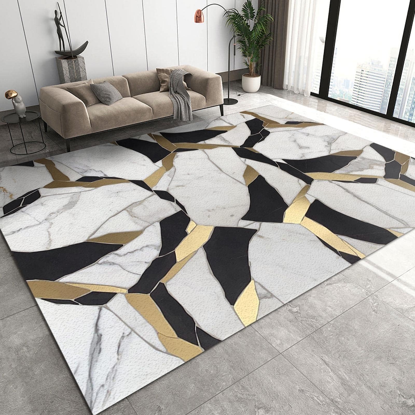 SMXVRC Black White Gold Texture Children's Rug, 180x230cm, Fashionable Marble Indoor Carpets, Easy Clean Durable Anti-Slip with Non Slip Backing Dirty Resistant Area Rug for Front Porch