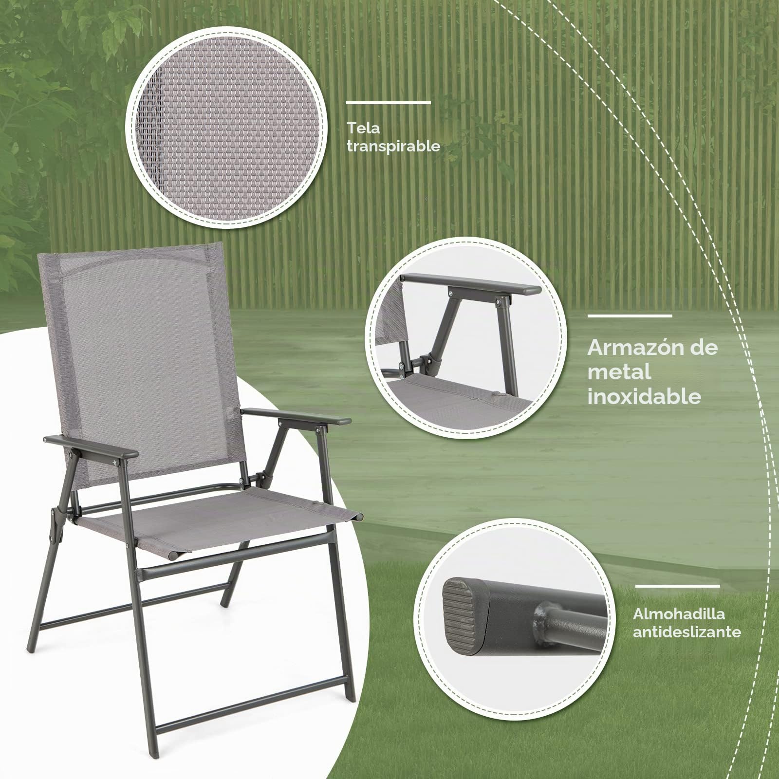 GIANTEX Juego de 2/4 Sillas de Exterior Plegables, Sillas de Jardín con Respaldo Alto y Reposabrazos, Marco de Metal y Tela Transpirable, Carga hasta 150 kg, para Balcón, Camping (Gris, 2 Unidades)