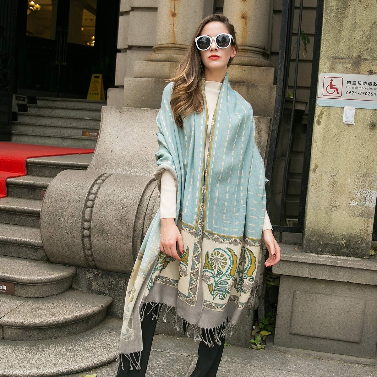 DANA XU 100% Merino Wool Pashmina Shawl for Women 96"x43", Oversized Cashmere Wrap with Tassels, Floral Travel Blanket Cape - Image 8