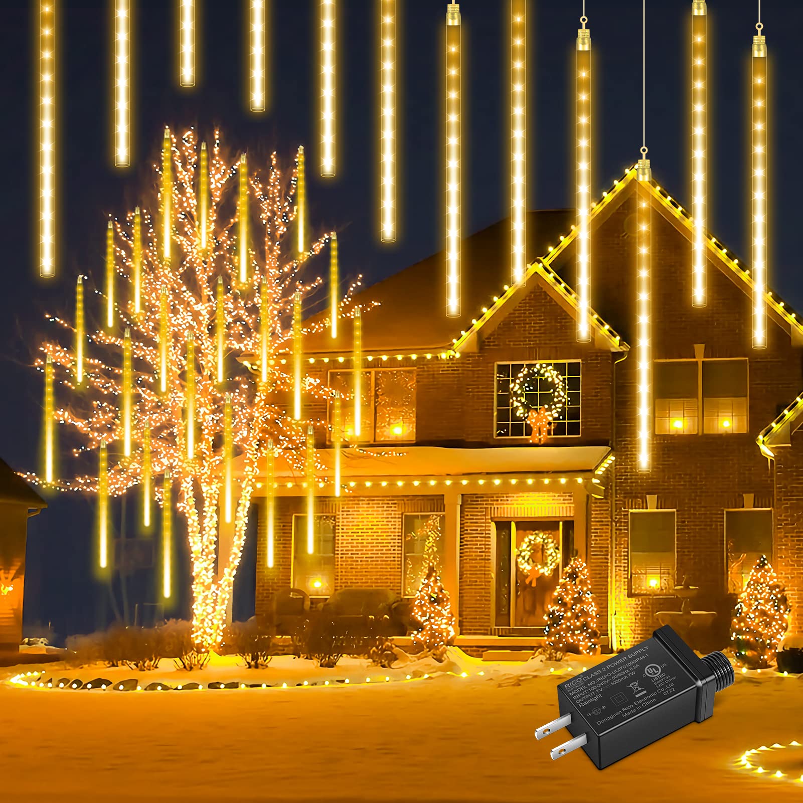 11.8 Inch 16 Tubes Extendable Meteor Shower Lights, 384 LED Meteor Christmas Light Outdoor, Icicle Snowfall Rain Light Waterproof for Holiday Xmas Decoration Tree Yard Patio Roof (Warm White)