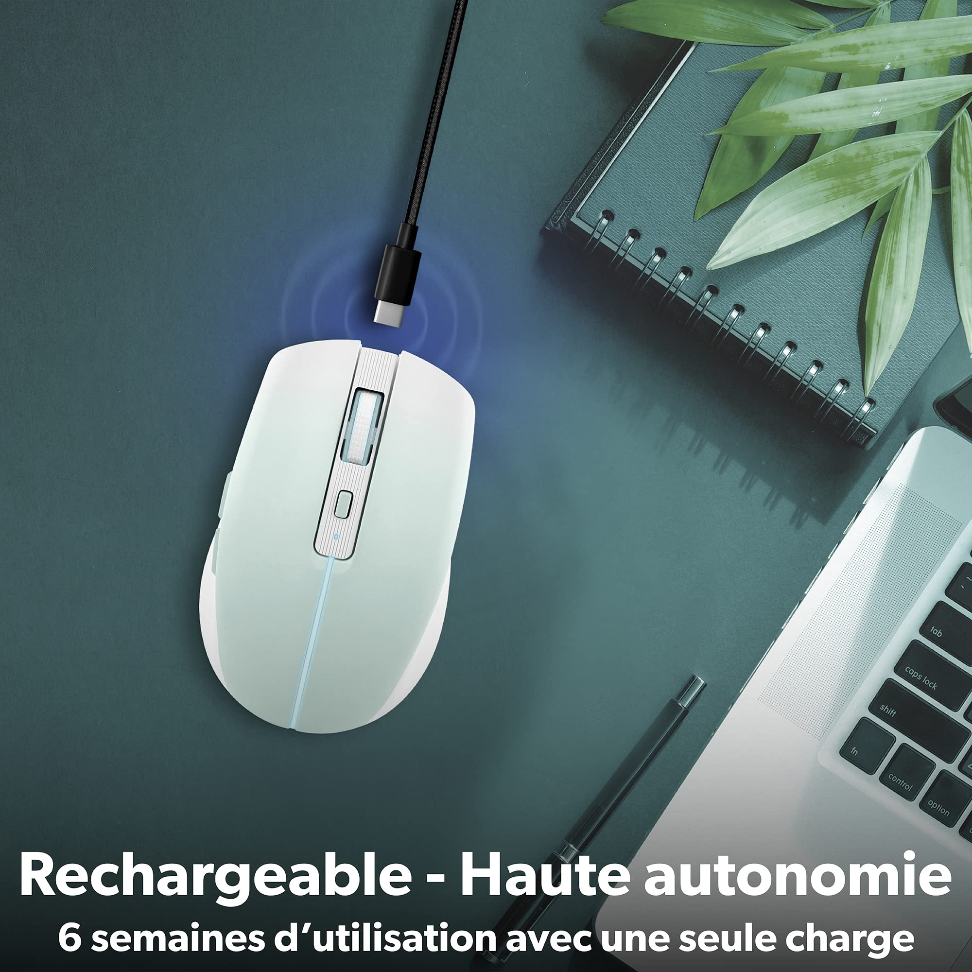 T'NB Modna kolorowa mysz bezprzewodowa, podwójny tryb Bluetooth i USB-A, możliwość ładowania o wysokiej autonomii, dokładność 1600 DPI, 6 przycisków - niebieska