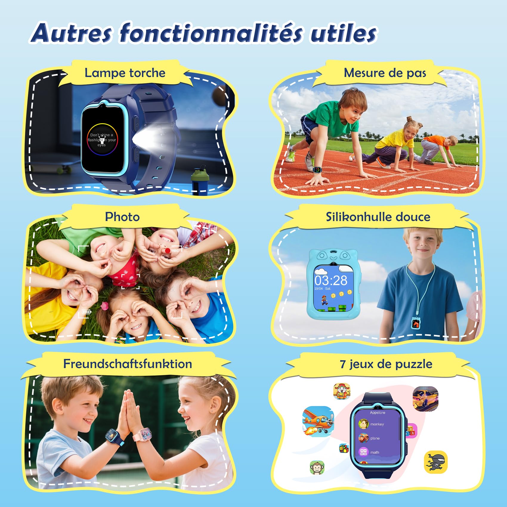 4G Montre Connectée Enfant avec Appel Vidéo et GPS, Compatible Nano SIM, Messages Vocaux, SOS, Mode École, Lampe Torche, Podomètre, IP67, 2 Modes de Port, Android iOS, pour Garçon 4-12 Ans