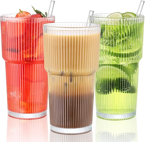 Miniatura 1 de Juego de 3 vasos de vidrio y popote de 20 onzas, vaso de vidrio con pajilla, cristalería vintage para whisky, cóctel, cerveza, tazas de café helado