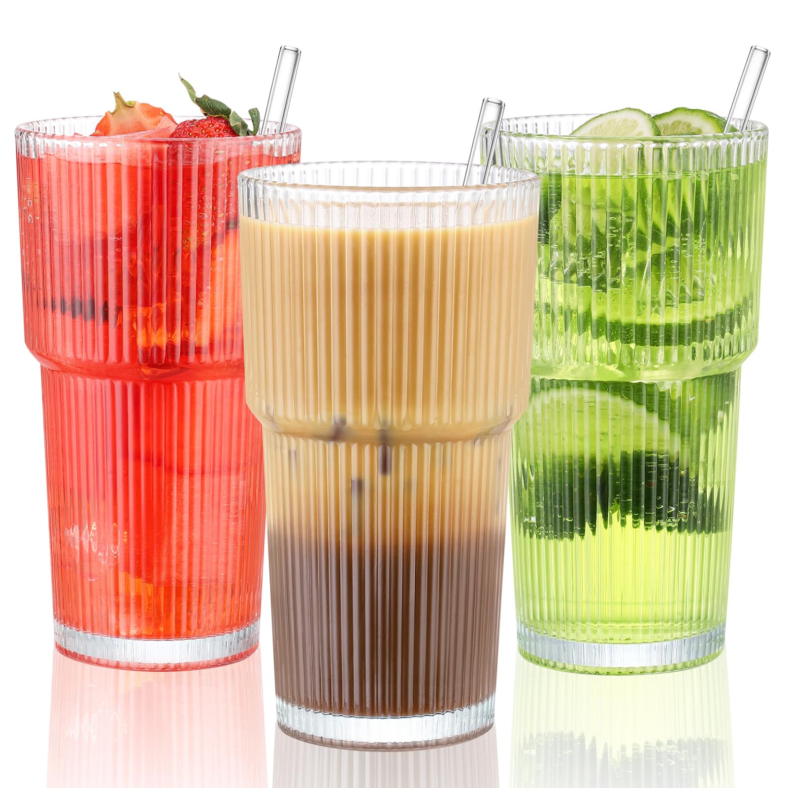 CWHHRN Set di 3 bicchieri di vetro da 590 ml e cannuccia, bicchieri in vetro con cannuccia, bicchieri vintage per whisky, cocktail, birra, tazze da caffè freddo (confezione da 3)