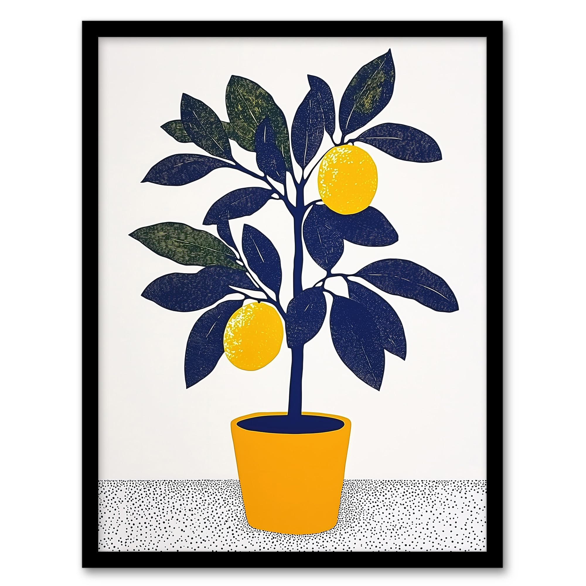 Artery8 Lemon Tree Plant Lover Yellow Blue Bright Simple Kitchen Artwork Framed Wall Art Print 18X24 Inch