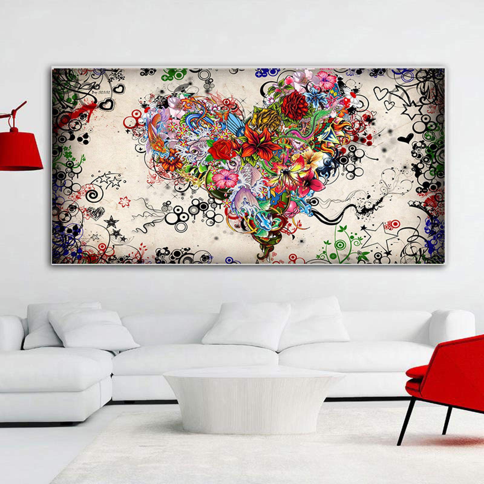Red Love Heart Flower Pintura al óleo sobre lienzo Arte de pared de gran tamaño Carteles e impresiones escandinavos Cuadro de arte de pared moderno 70x145cm (28x58in) Con marco
