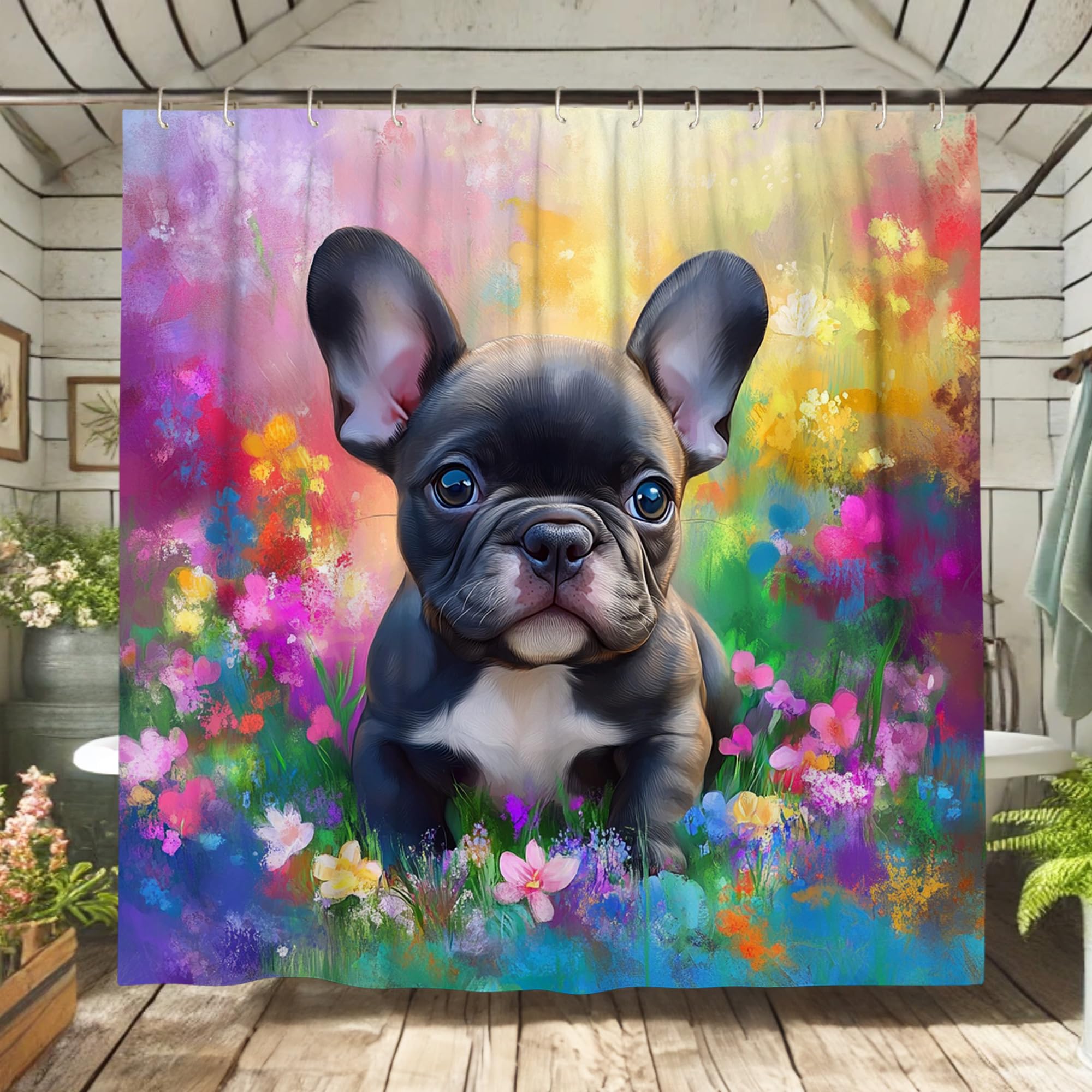 French Dogs Shower Curtain, Colorful Puppy Bath Decor for Kids Room, Spring Summer Playful Modern Art Fabric Shower Curtain Set with Hooks 62x72 Inch