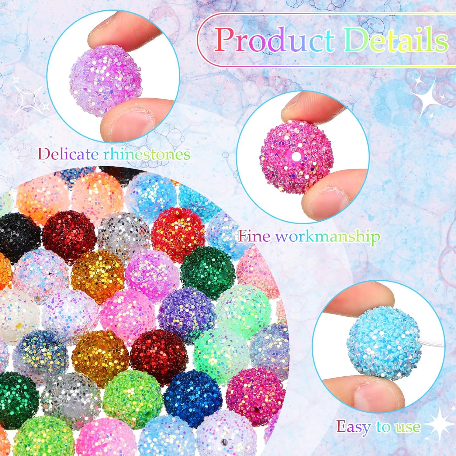 Sasylvia 80 Pcs 20mm Chunk Bubblegum Beads for Pens, Colorful Rhinestone Beads Sequin Disco Ball for Pen Jewelry Bracelet Necklace Bag Chain Making Crafts Supplies(Multicolor) - Image 3