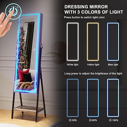 Miniatura 4 de HNEBC Armario de joyería con espejo LED, organizador de joyas con cerradura, espejo de longitud completa con almacenamiento, luces ajustables,