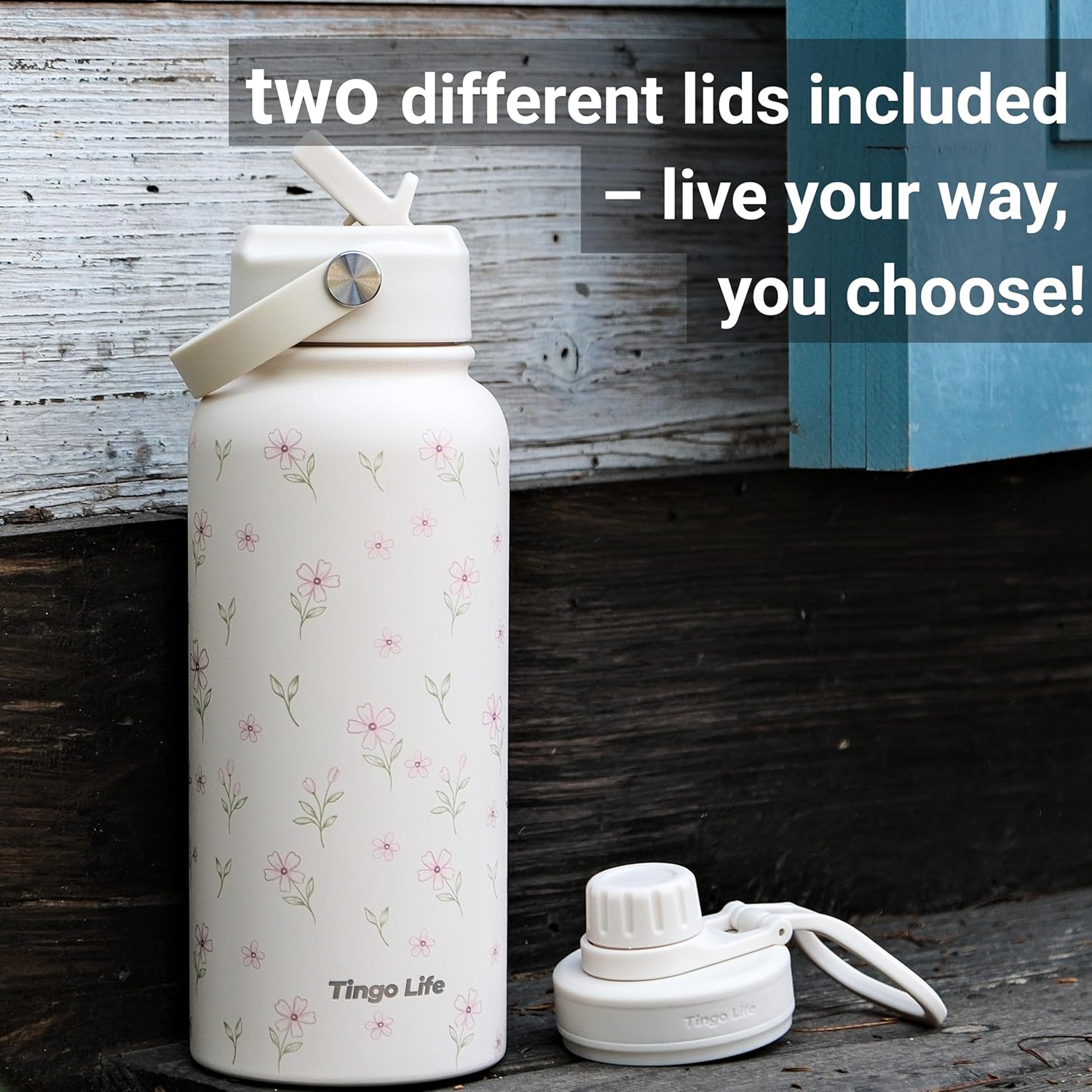 32oz Special Edition White Insulated Stainless Steel Water Bottle - 2 Lids Included (with Straw + Sports), Leakproof BPA-Free, Dreamy Cream Floral Design, Perfect for Gym/Yoga/Office/Travel, BPA-Free