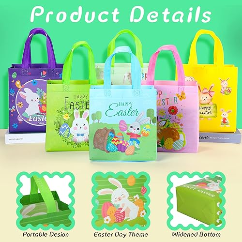 Miniatura 3 de Tudomro 100 bolsas de Pascua con asas, bolsas no tejidas de conejo, reutilizables, bolsa de compras de comestibles de Pascua, bolsas de comestibles
