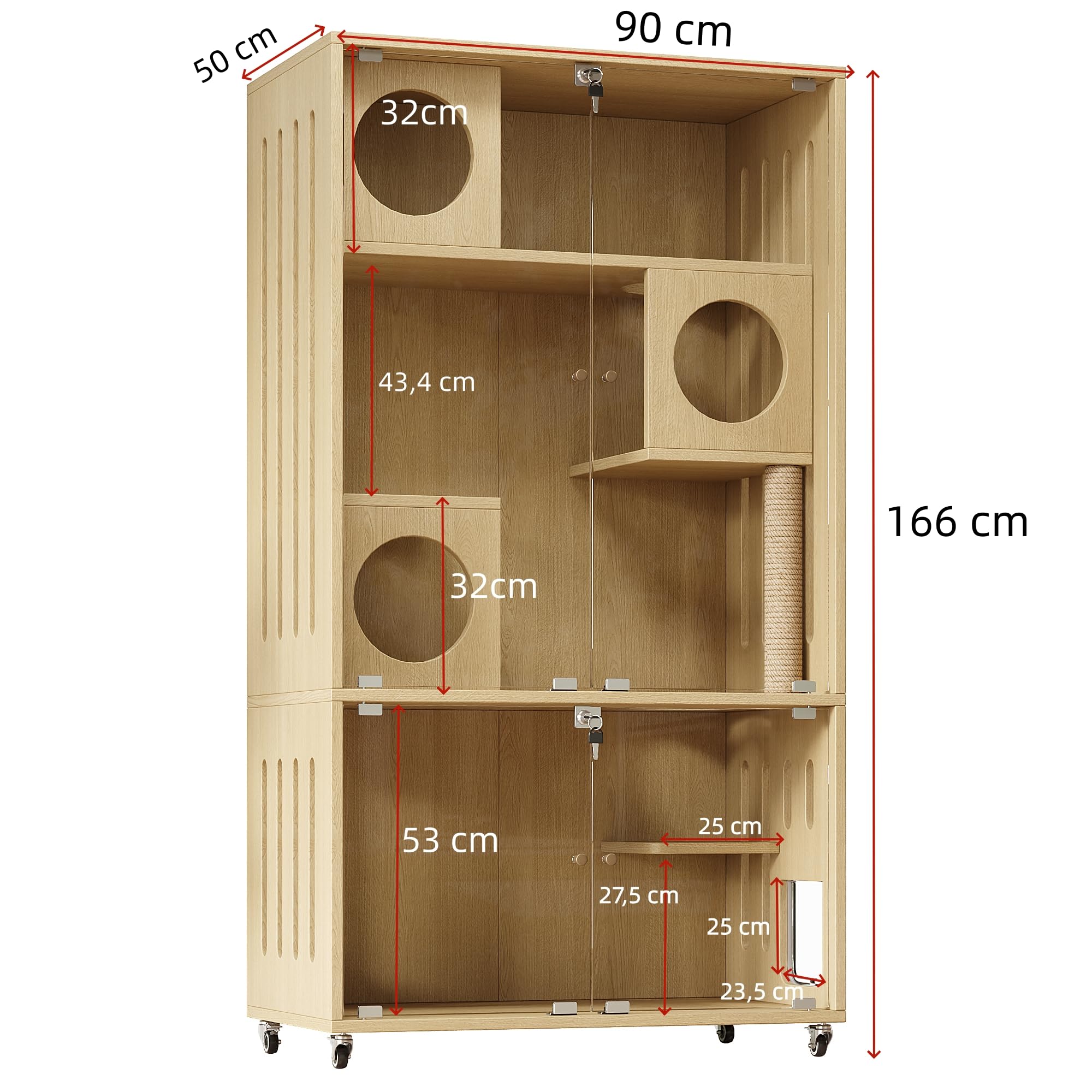 Jaula móvil para gatos, caseta para gatos interior, armario para mascotas, jaula de chinchilla, jaula para gatos, jaula para mascotas, con cierre de llave, puerta de entrada/salida, color madera