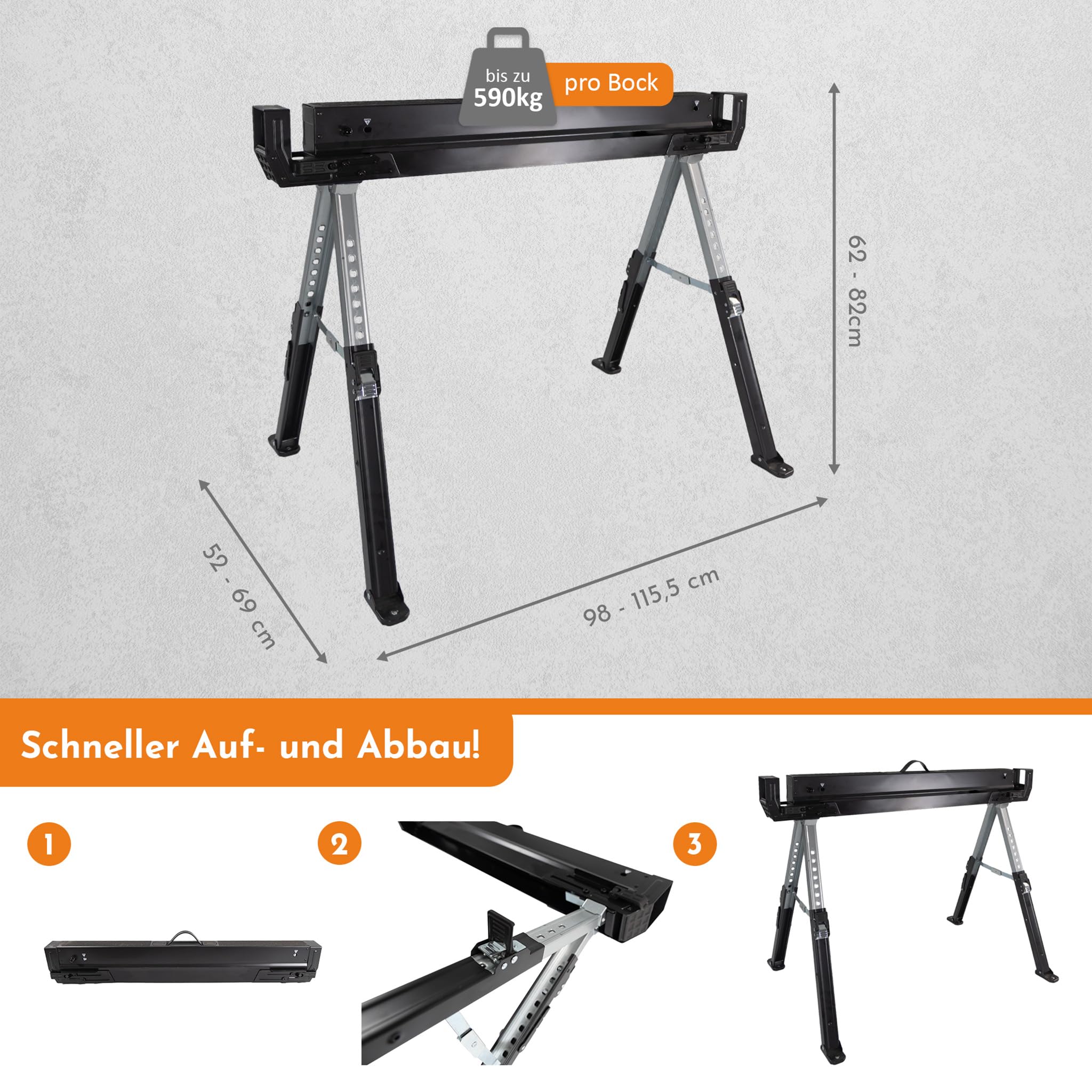 Lemodo Premium Arbeitsbock höhenverstellbar | Klappbock 2er Set | Montagebock mit 590 kg Tragkraft | Unterstellbock mit verstellbaren Halterungen an der Seite