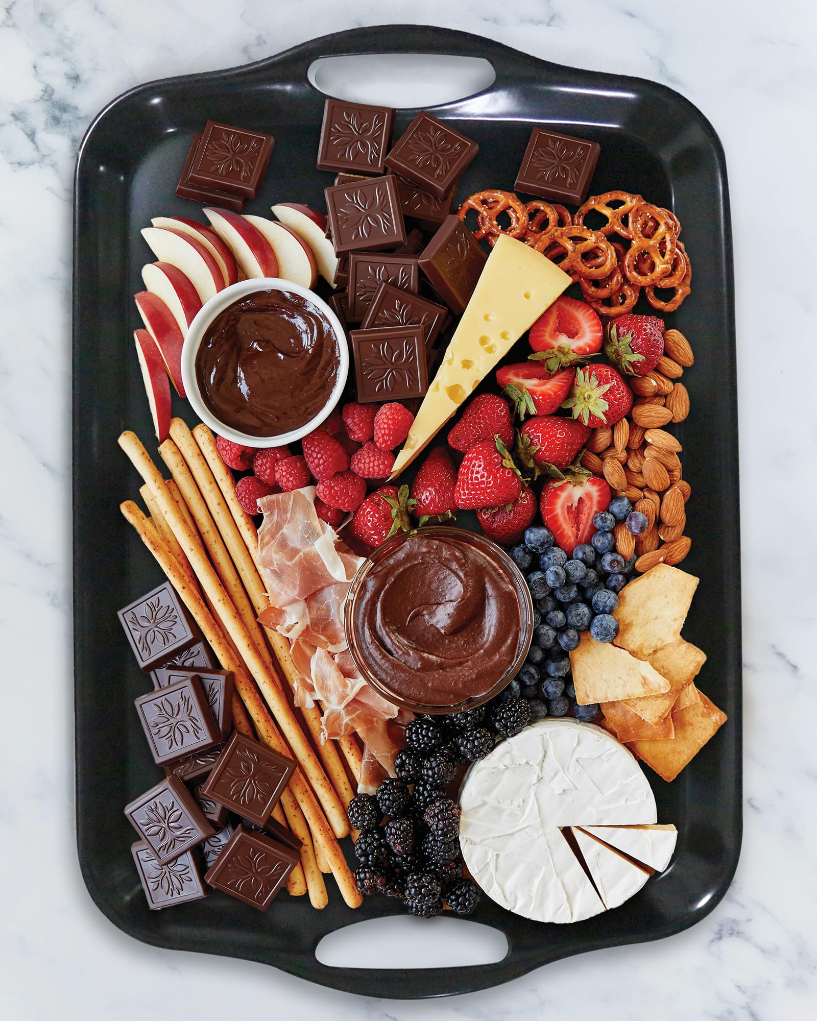 CZLIZDYT Vassoio grande in melamina con manici, 44 x 30 cm, set di 2 piatti da portata rettangolari in melamina, lavabili in lavastoviglie, per mangiare, antipasti, salumi, snack, frutta, dessert,