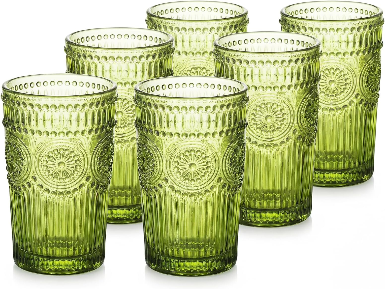 Kingrol Vintage Embossed Drinking Glasses Set of 6, 12 oz Colored Highball Glassware, Thick Lead‑Free Green Glass Cups for Cocktail, Juice & Water, Romantic Wedding & Housewarming Gift