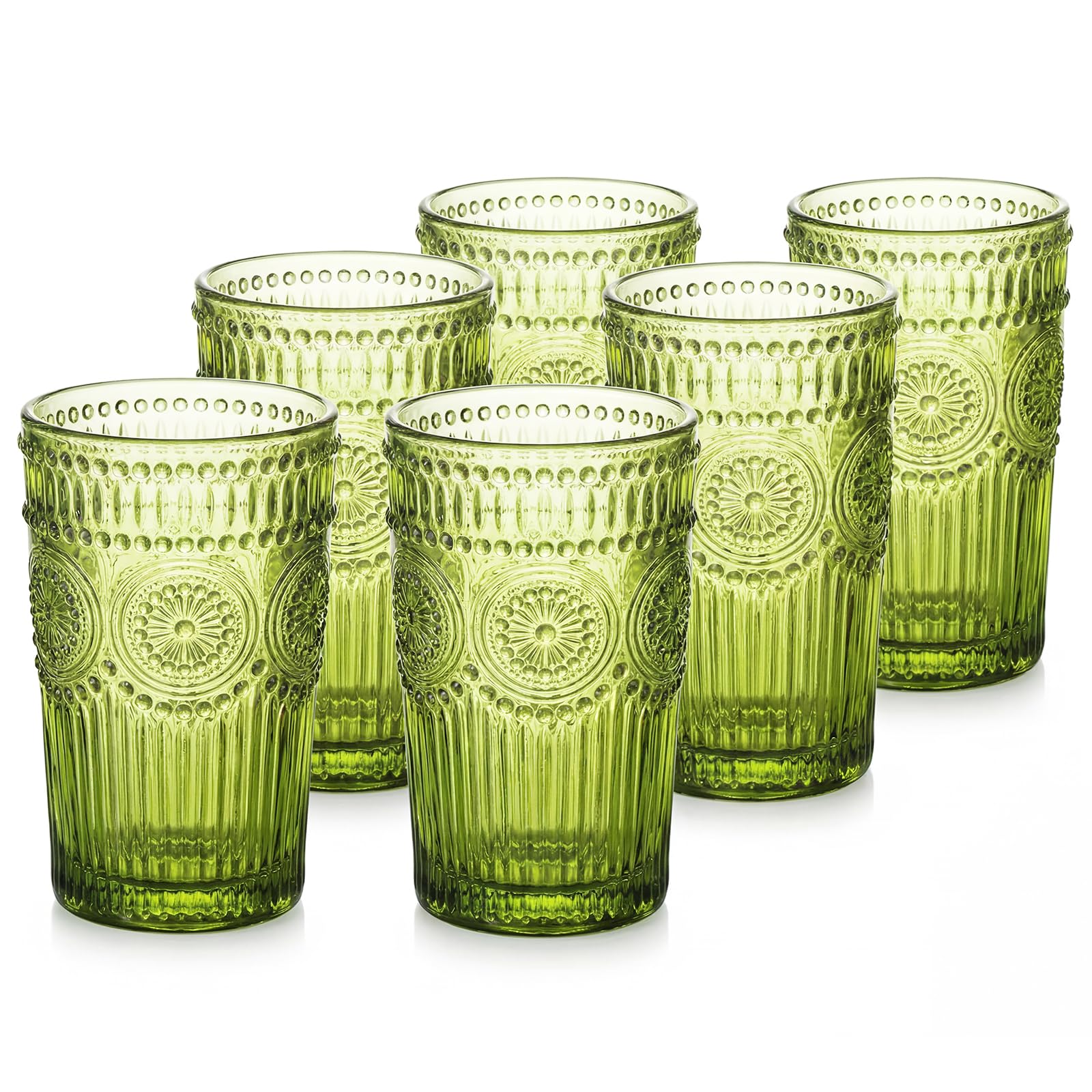 Kingrol Vintage Embossed Drinking Glasses Set of 6, 12 oz Colored Highball Glassware, Thick Lead‑Free Green Glass Cups for Cocktail, Juice & Water, Romantic Wedding & Housewarming Gift
