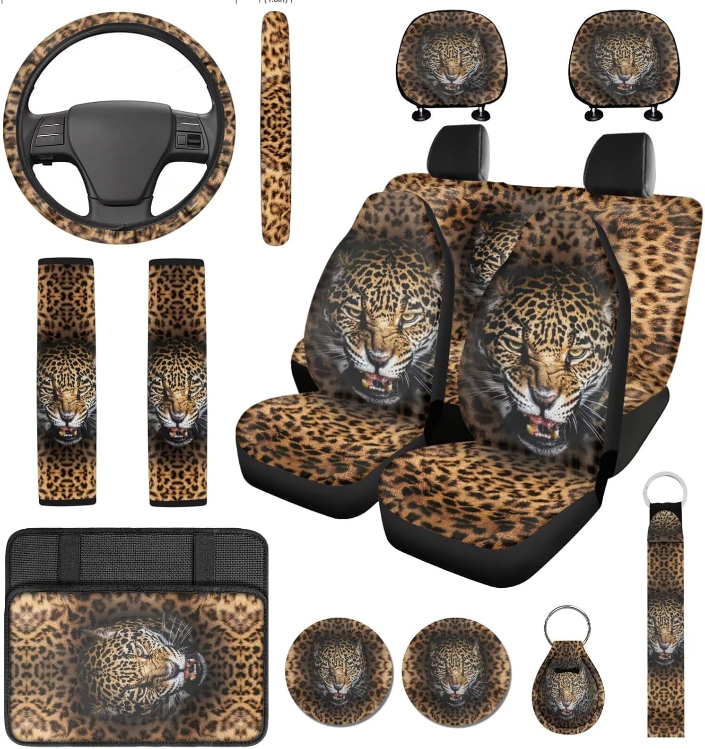 Horse Car Seat Covers, Black Horse Car Accessories Full Set with Steering Wheel Cover Men Center Console Pad, Seat Belt Cover Universal Fit SUV Truck Auto Interior Decorations 14 Pcs