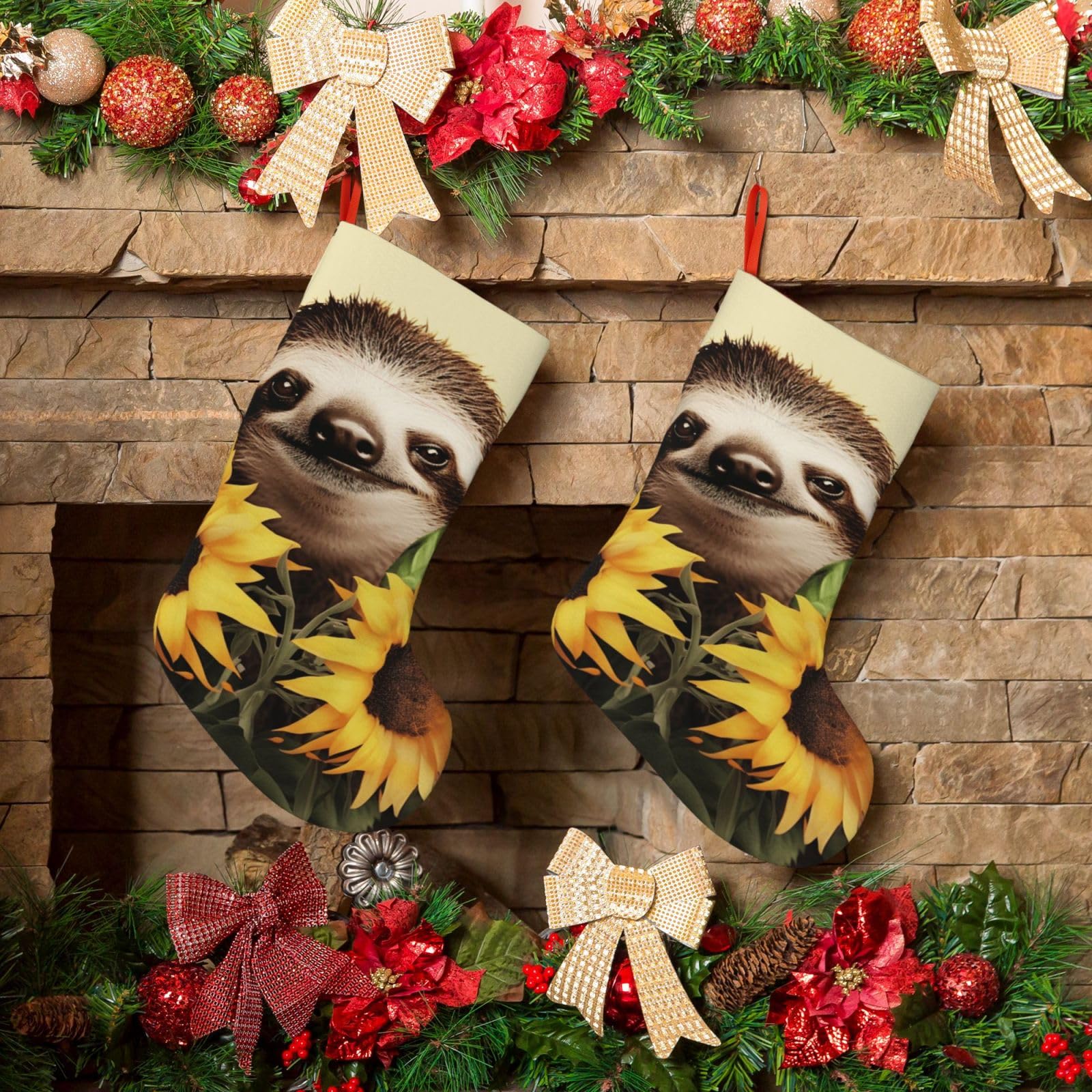 KLOPH Christmas Stockings 18" Personalized Xmas Stocking Sloth Sunflower Decoration Stocking Hanging Fireplace Stocking for Holiday Xmas Tree Christmas Fireplace Decor