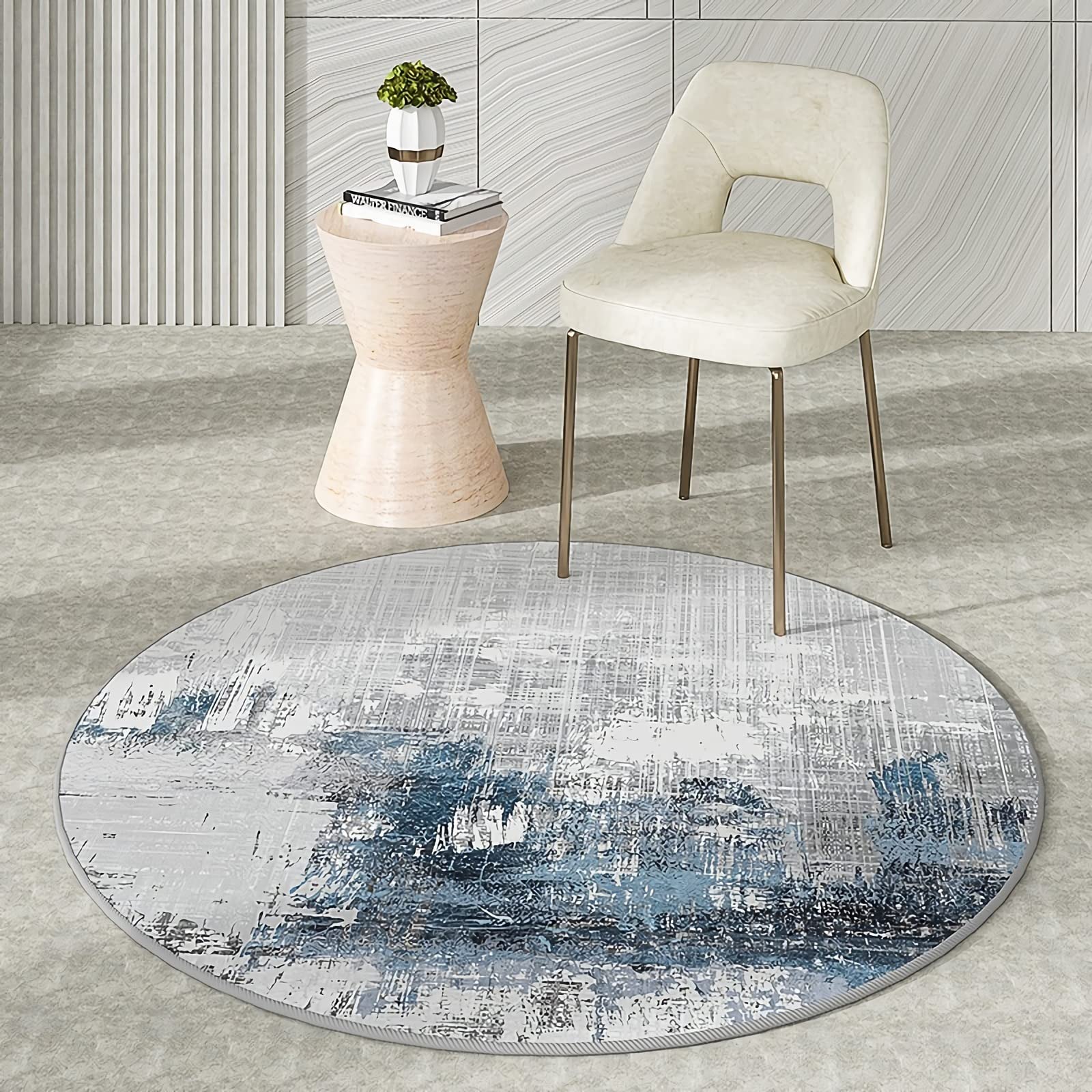 Tapis Decoration Chambre ado Garcon Tapis Chambre ado Garcon Tapis Rond Design Encre Abstraite Bleu Gris résistant aux Taches Lavable Deco Chambre Fille 80 * 80cm