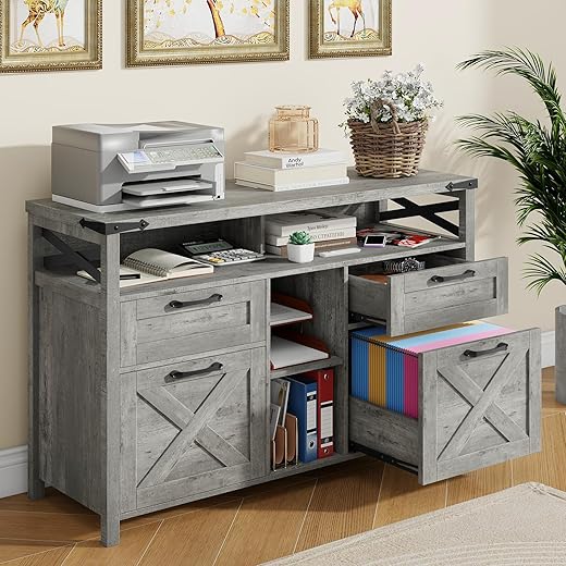 Farmhouse File Cabinets 4 Drawer with Adjustable Shelf, Filing Organization Storage Cabinets with Open Storage Shelf for Home Office,Lateral Filing Cabinet for Hanging Files Letter/A4.Grey