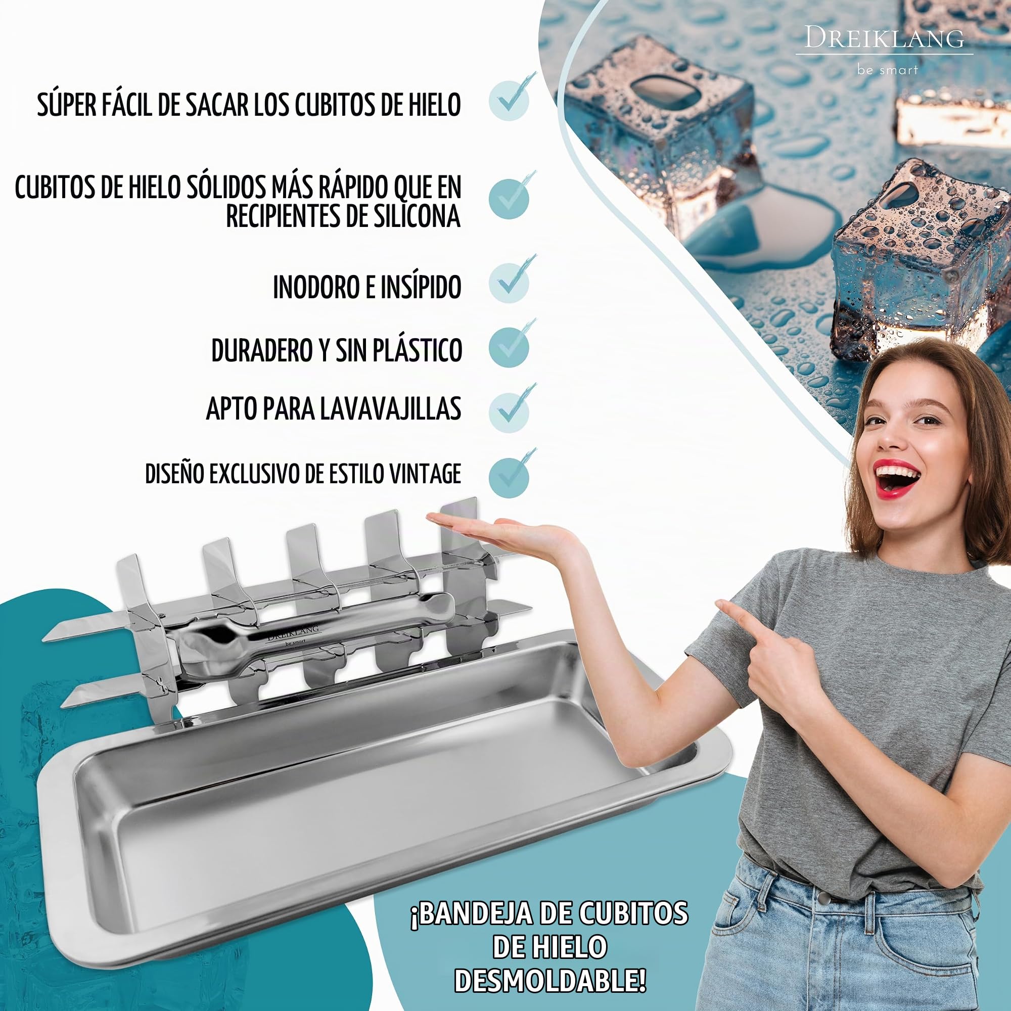 Dreiklang - be smart Cubitera Acero Inoxidable Set de 2 18/8 pulido con Palanca – Molde Hielo sin plástico & alimentario para 36 cubitos Ice Cube