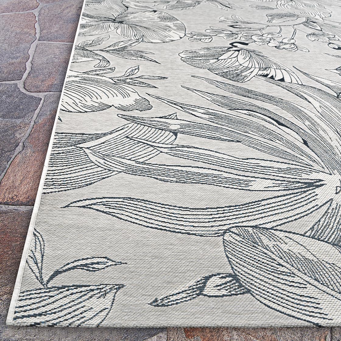 Couristan Dolce Flora 5'3" x 7'6" Argento Silver Gray Blue Botanical Floral Indoor Outdoor Area Rug - Hose Washable Flat Weave, UV-Protected, Patio Sunroom Living Room Dining Room