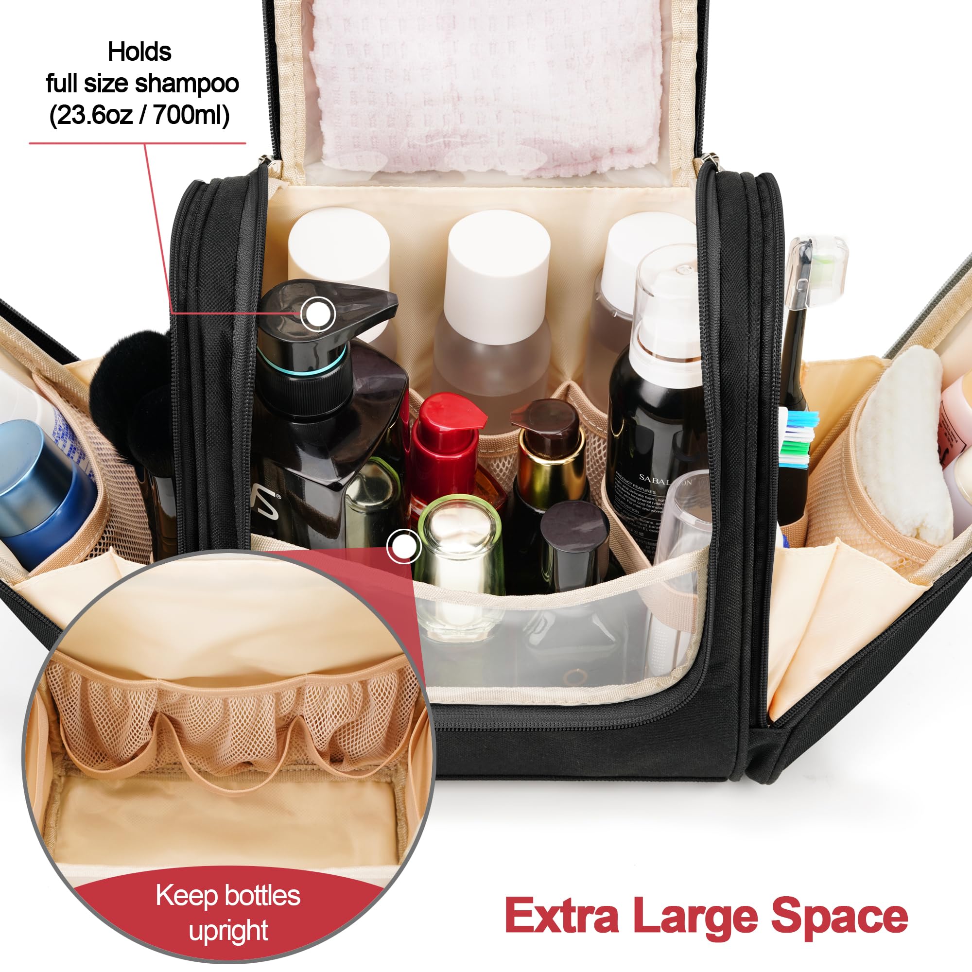 COOSKY Beauty case da viaggio extra large da appendere per donne e uomini, borsa igienica, kit organizer da bagno e doccia con supporti elastici per articoli da toeletta, cosmetici, trucchi, pennelli