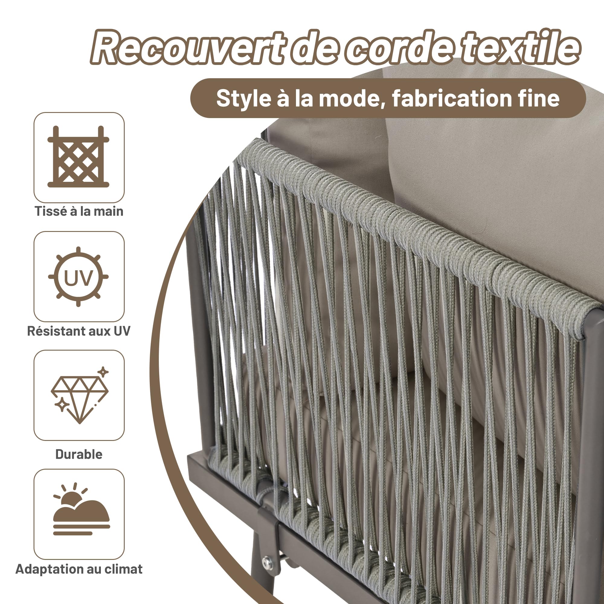 Zepneiy Ensemble de Meubles de Jardin en L, Ensemble de chaises Longues en Fer avec Coussins d'assise et Pieds réglables, 2 canapés et 1 Table, Gris (Coussins d'assise Inclus)