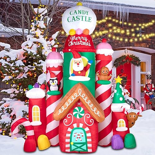 Miniatura 2 de Nervure Castillo de Navidad inflable de 10 pies – Castillo inflable de Navidad, dulces, Papá Noel, reno, pingüino de pan de jengibre con luces LED