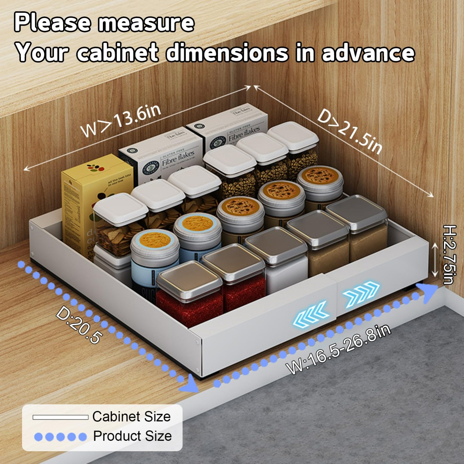 Scaffali estraibili da cucina espandibili resistenti con 3 cassetti salvaspazio Ra (30-46 cm di larghezza x 42,9 cm di profondità x 7 cm di altezza), confezione da 2, bianco