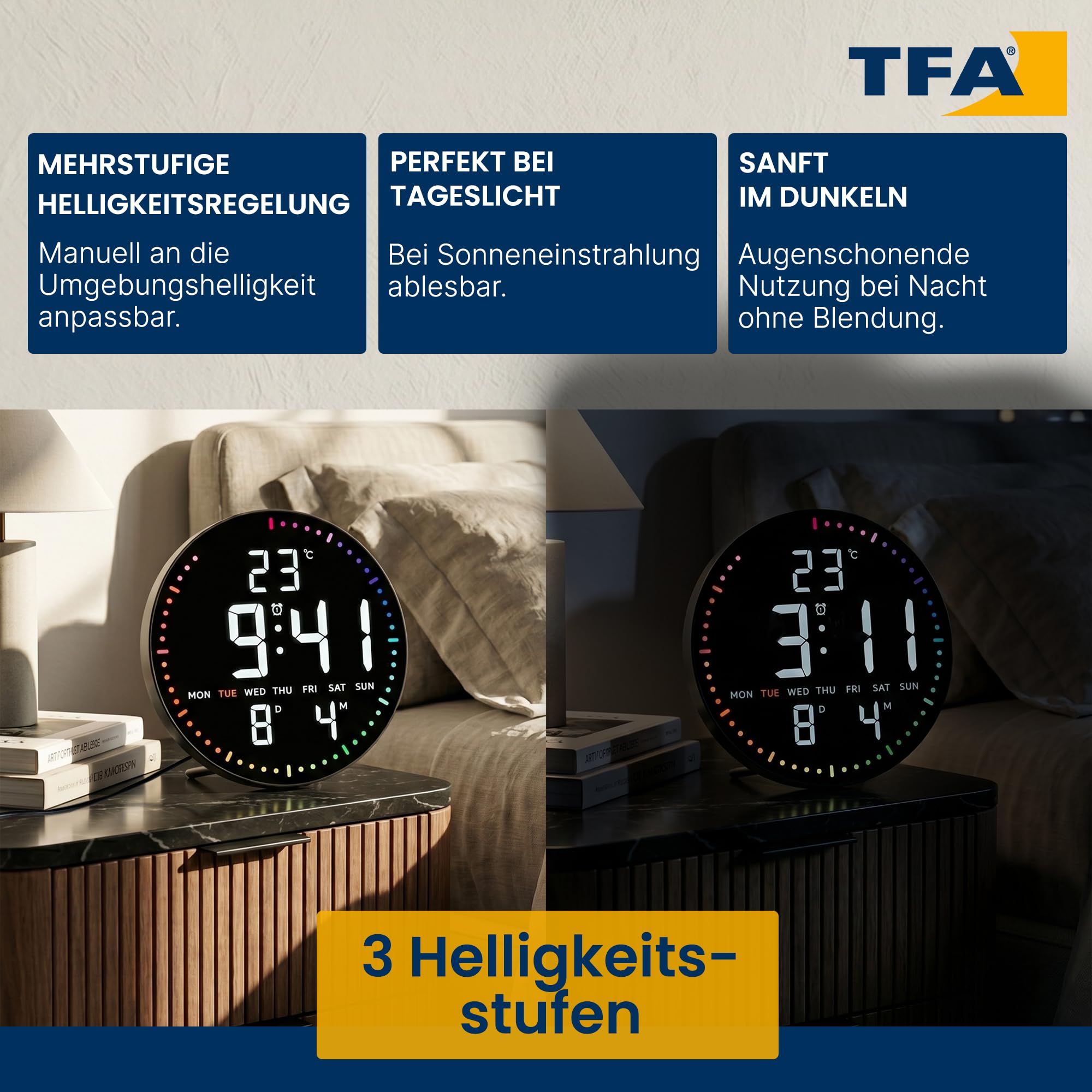 TFA Dostmann LED Wanduhr digital, 25,5 cm, Temperatur, Datum, Wecker | 60.4002 Mit Netzadapter, Kalenderanzeige, 12/24 H, 3 Helligkeitsstufen, weiße Ziffern, bunt, schwarz