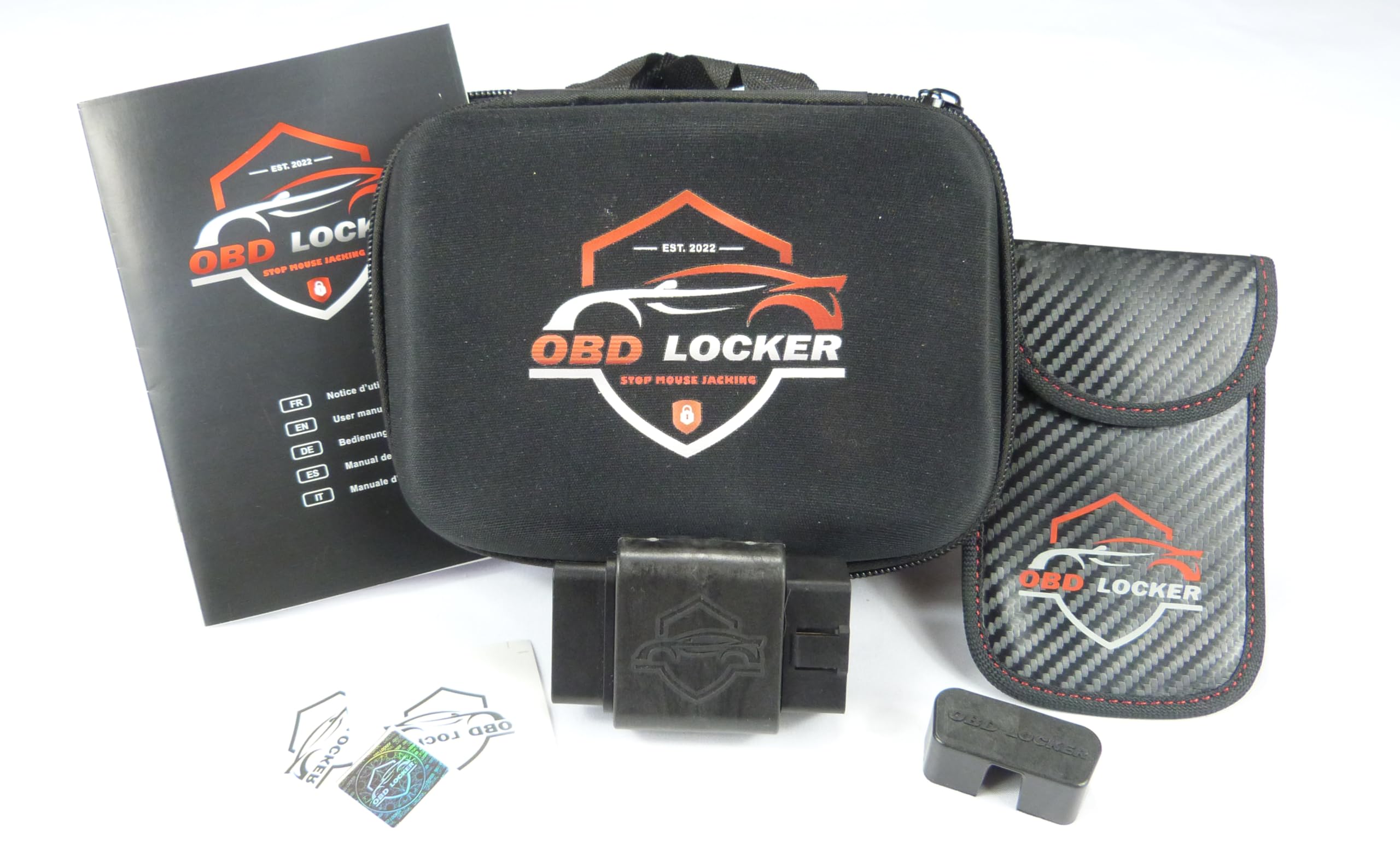 Antivol Prise OBD2 Codage Unique | Protection Contre vol électronique Voiture | Étui + Pochette RFID + Autocollants Inclus