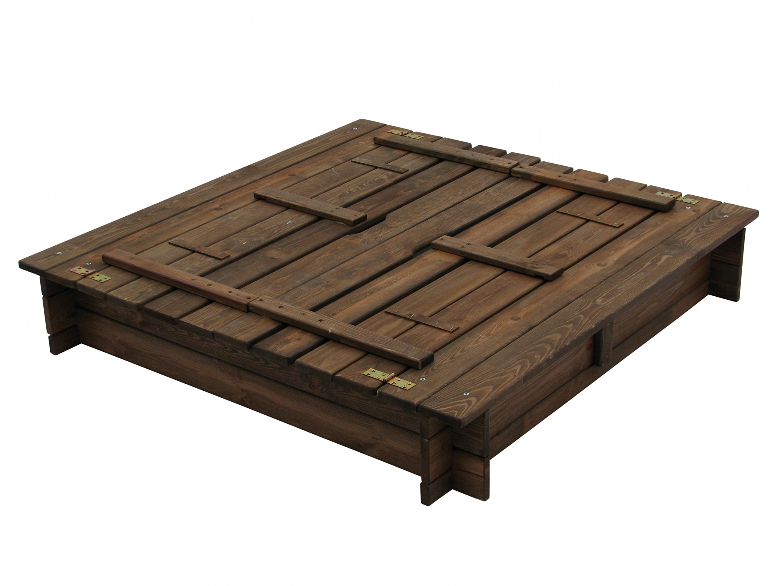 Piękna piaskownica z drewna z pokrywą i ławkami szer. 118 x gł. 118 x wys. 20 cm
