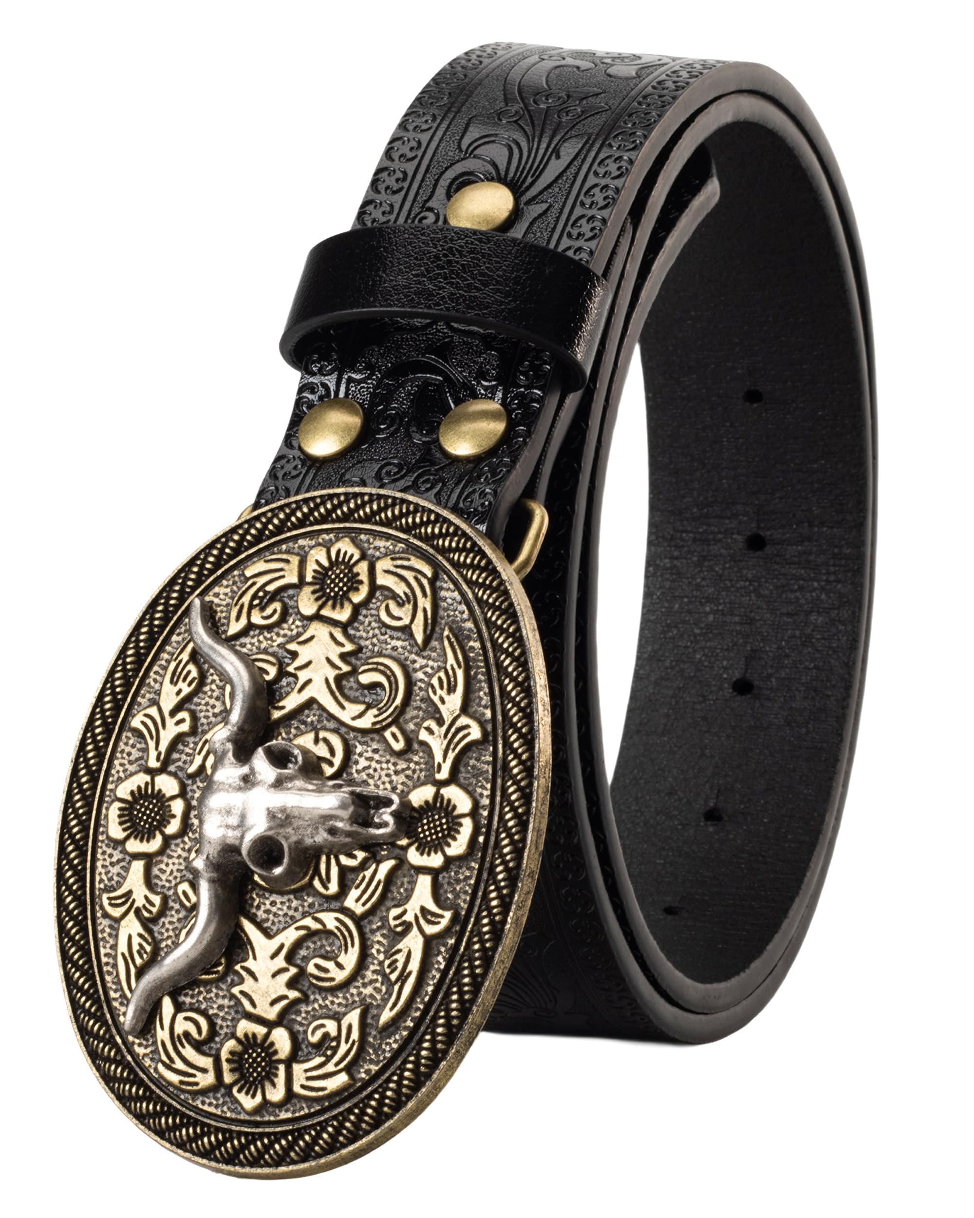 Western Cowboy-Belts for Women Big-Buckle Longhorn-Bull PU-Leather Rodeo Cowgirl-Belt Engraved Floral - Waist 25-38