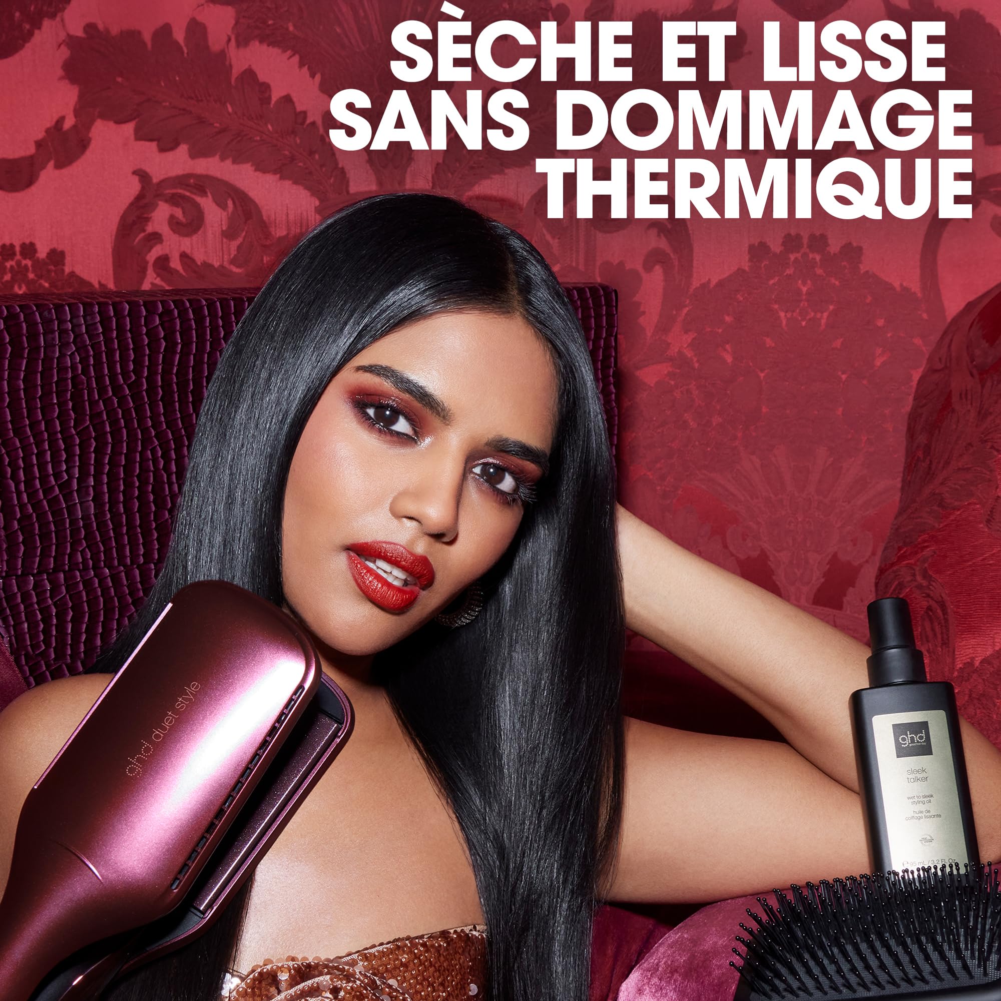 ghd - Coffret Lisseur séchant 2-en-1 ghd Duet Style (Bordeaux) - Huile lissante, Brosse et vanity inclus - Sèche et lisse en simultané sans dommage ni frisottis - S'utilise sur cheveux mouillés/secs