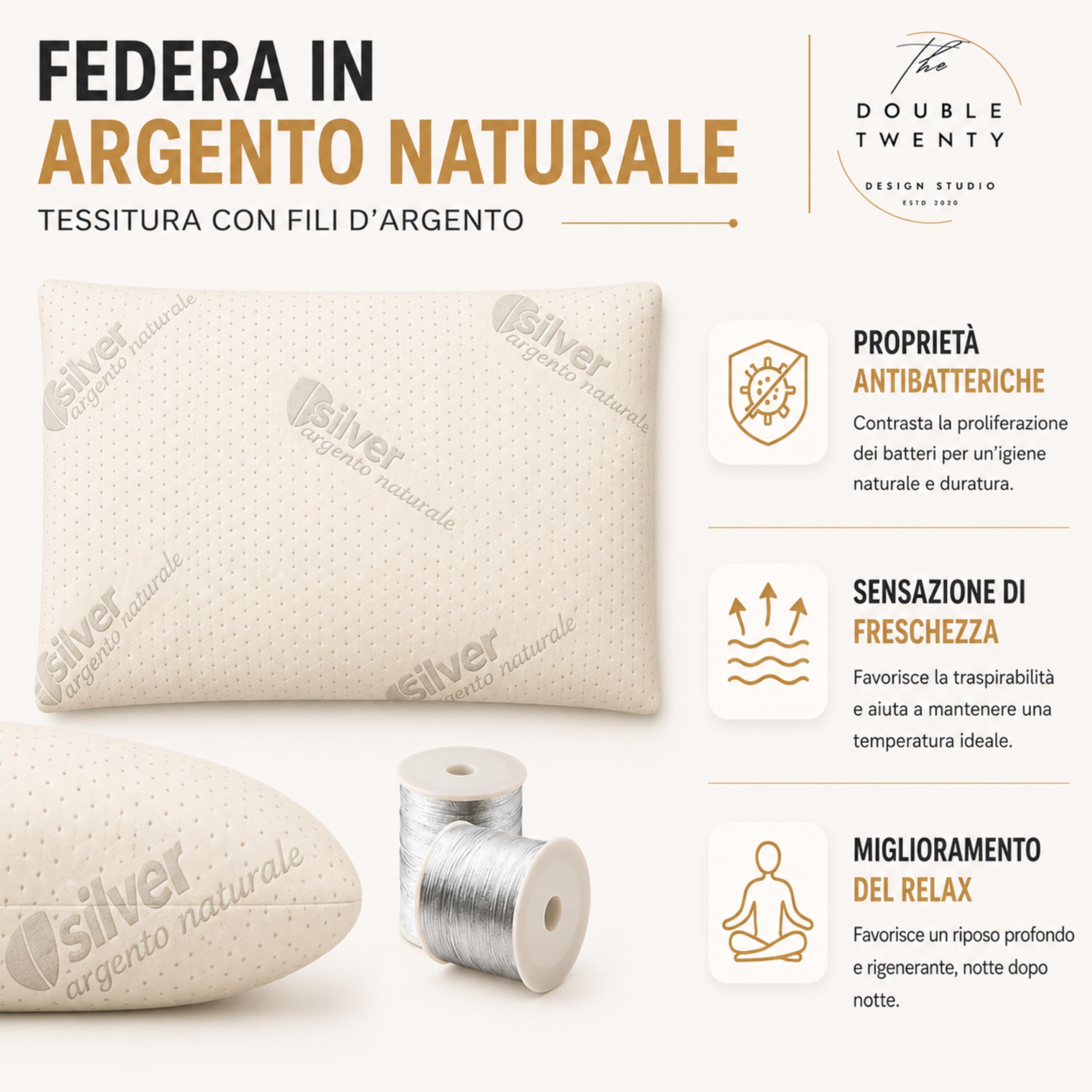 The Double Twenty Cuscino Antirussamento in Memory Foam | Alto 18cm | Antireflusso | Ergonomico e Traspirante | Supporto Ottimale per Collo e Cervicale | Fodera Ipoallergenica in Argento Naturale |
