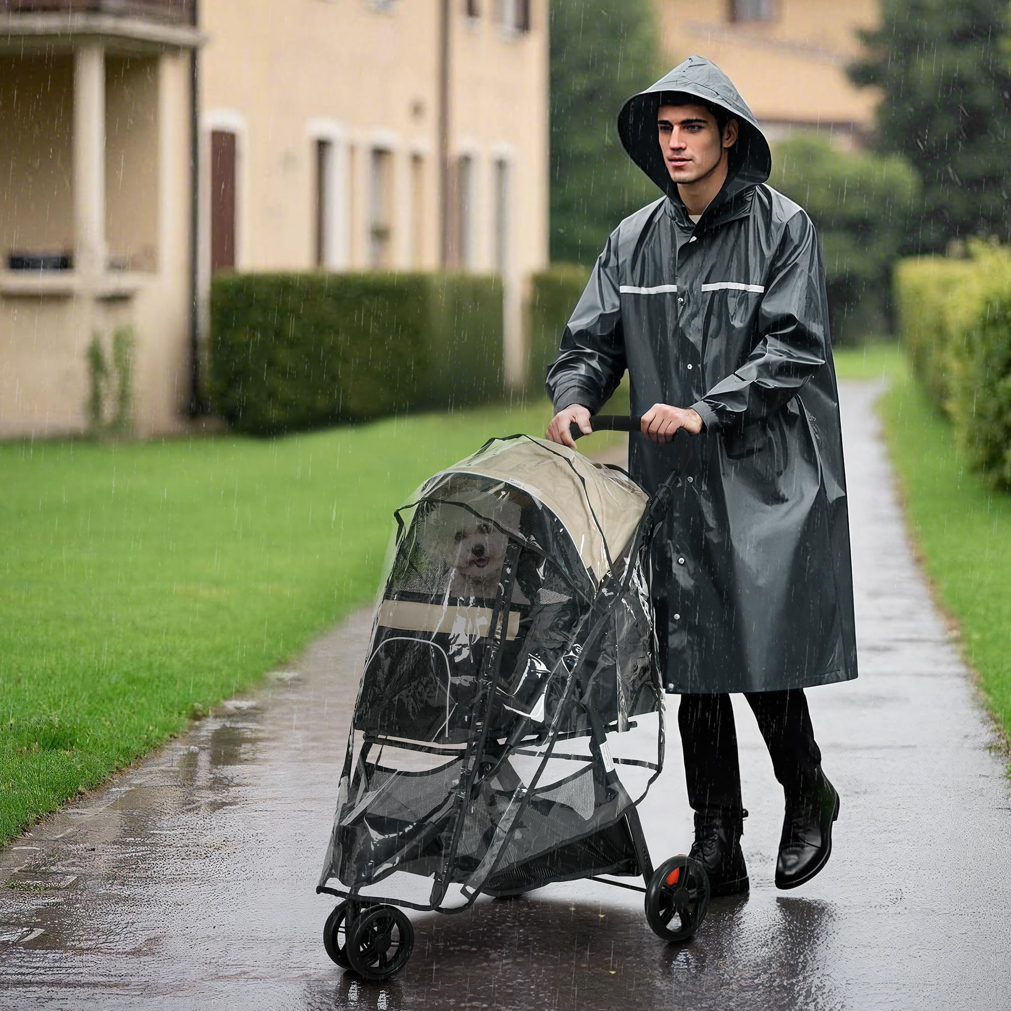 PawHut Passeggino per Cani Piccoli e Mini a 3 Ruote, Passeggino per Animali Pieghevole con Copertura Antipioggia, Cestino e Guinzaglio, Cachi