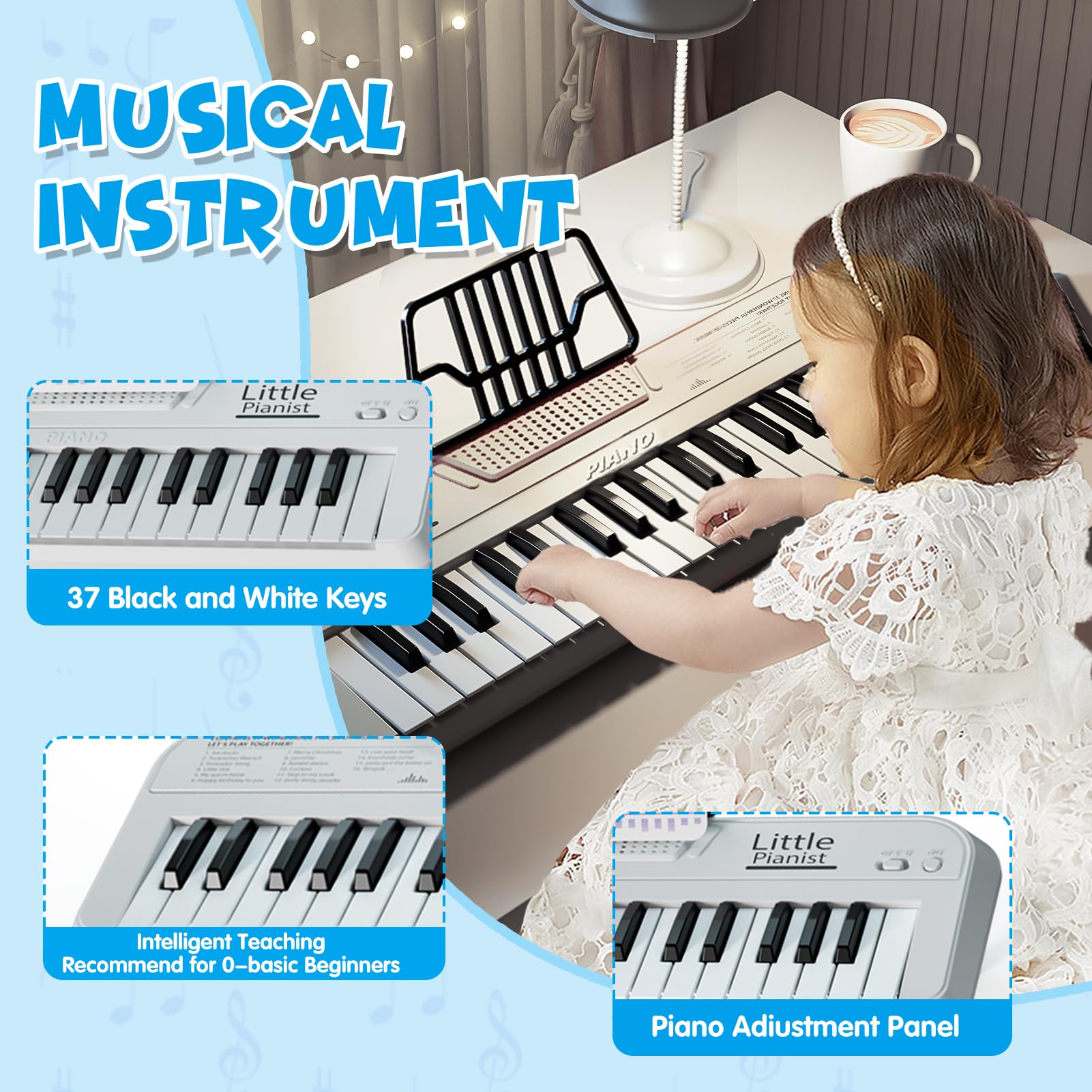 2025 Upgraded Kids Piano Keyboard 37 Keys, White Portable Electronic Instrument for Toddler 1-3, Music Toys Birthday Gifts for 3 4 5 6 Year Old Boys Girls