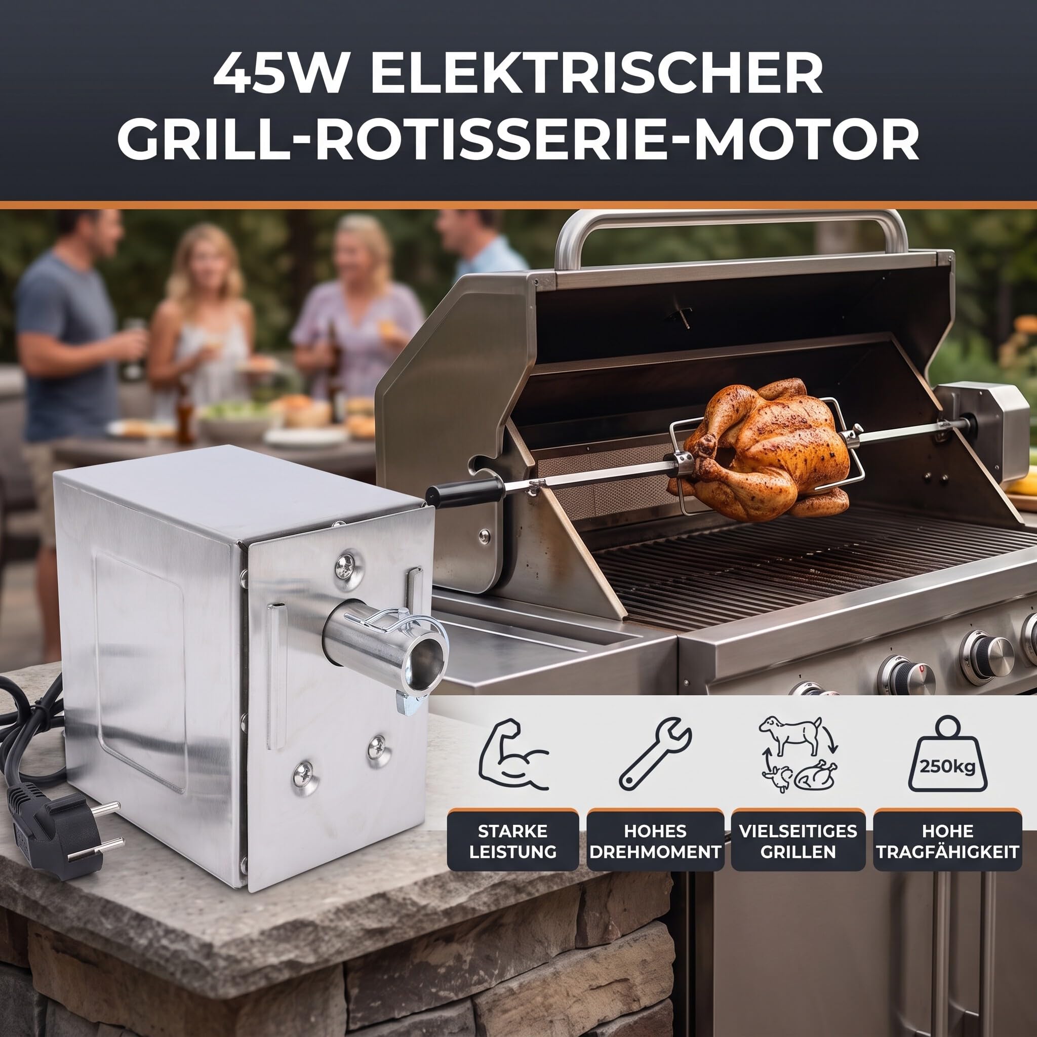 Ejoyous Rotisserie Motor BBQ, 45W Heavy Duty Grill Spit Motor ze Stali Nierdzewnej z prędkością 2-3 Obr./min i Momentem Obrotowym 200-250 Kg, do Grillowania, Pieczenia na świeżym (wtyczka UE)