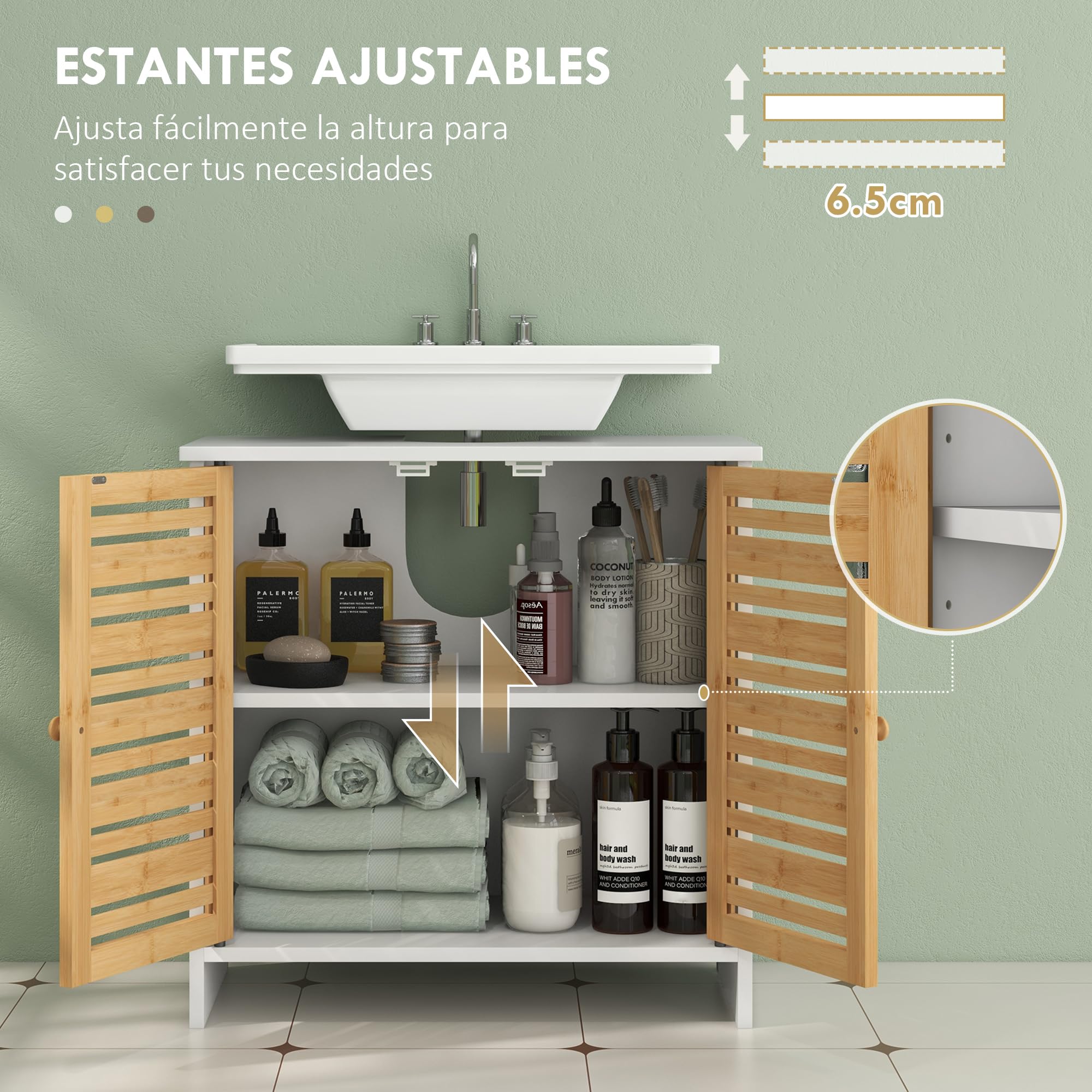 HOMCOM Mueble Bajo Lavabo con Puertas de Bambú 60x30x60 cm Blanco y Natural | Mueble para Debajo del Lavabo, Moderno, Puertas Magnéticas, Estante Ajustable