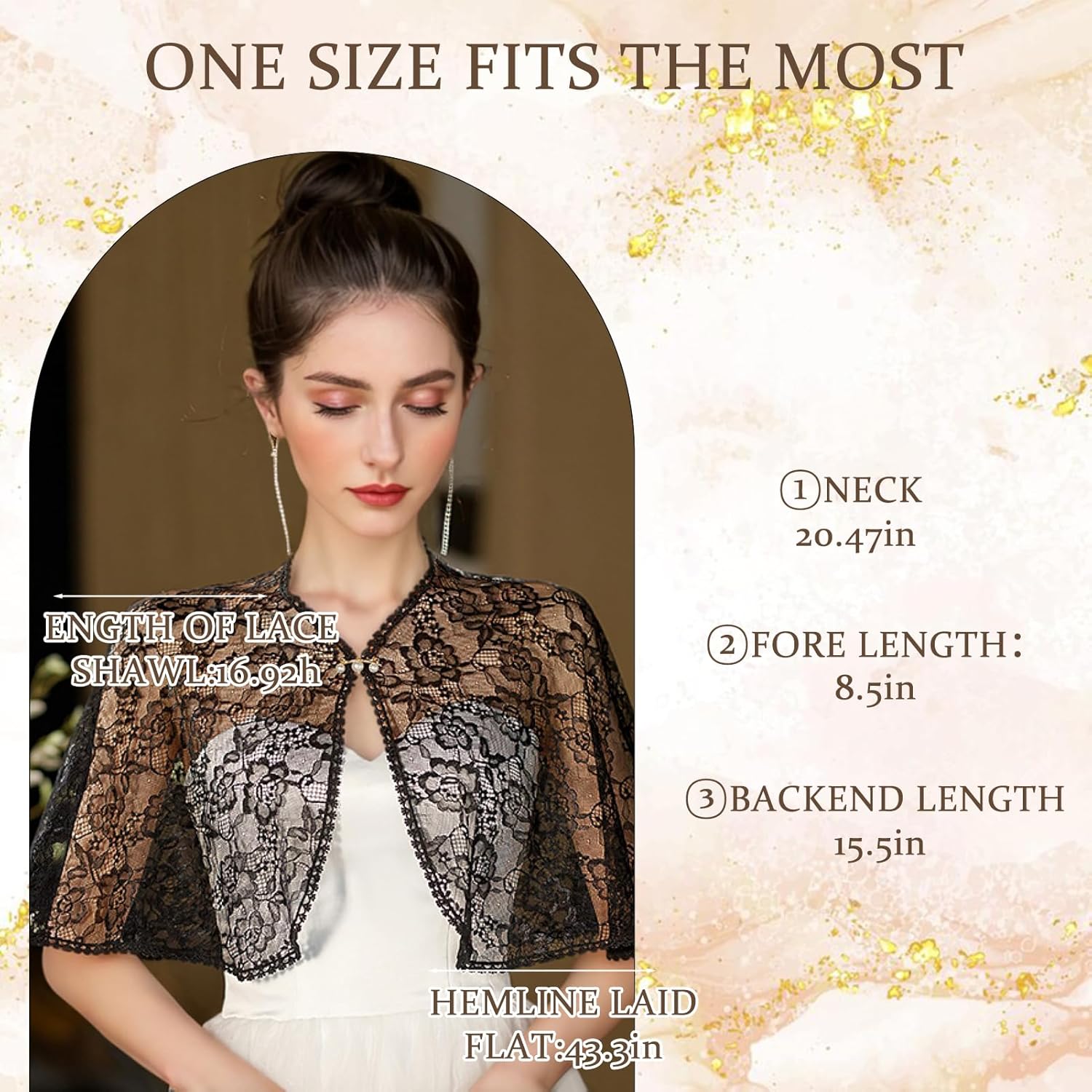 NICENEEDED Bridal Wedding Lace Shawls, Black Floral Embroidered Shrug Cape Shoulder Covers Scarf with Pearl Button, Women Tulle Shrug Cape for Dress Prom Party - Image 3