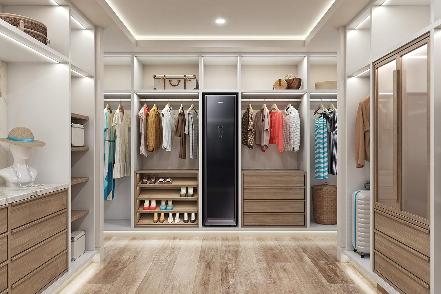 SAMSUNG AirDresser integrated seamlessly into a modern walk-in closet.
