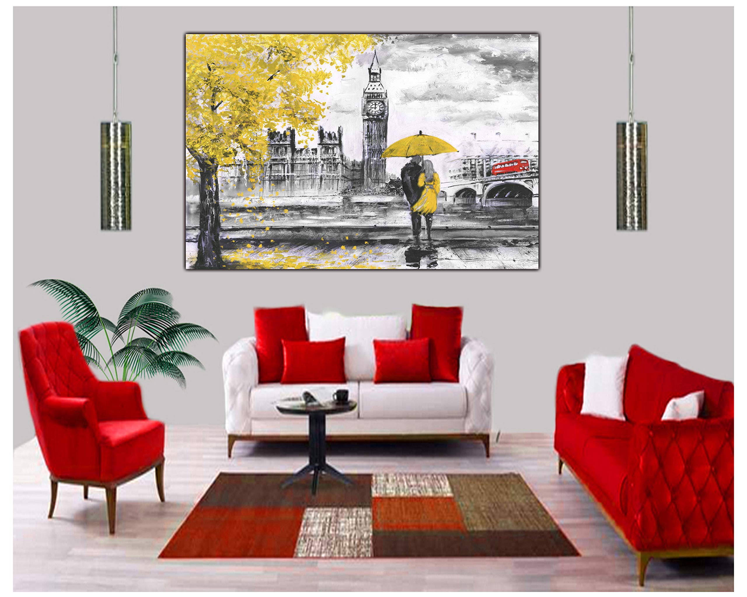 London Big Ben Peinture à l'huile sur toile encadrée Motif parlementaire Jaune 76 x 50 cm - 18 mm de profondeur