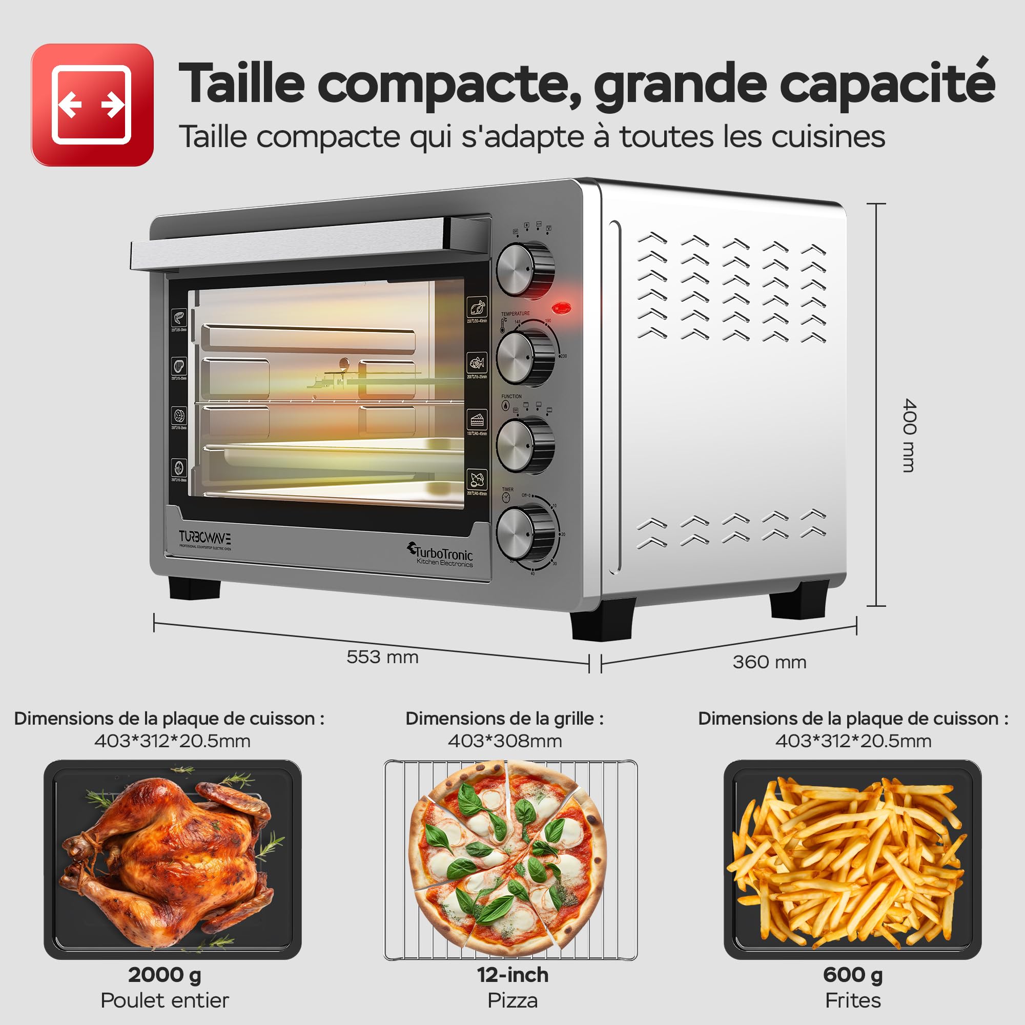 TurboTronic EVS45, Four électrique 45 L, Four posable à chaleur tournante, Mini four, 2000 W, 230°C, Argent