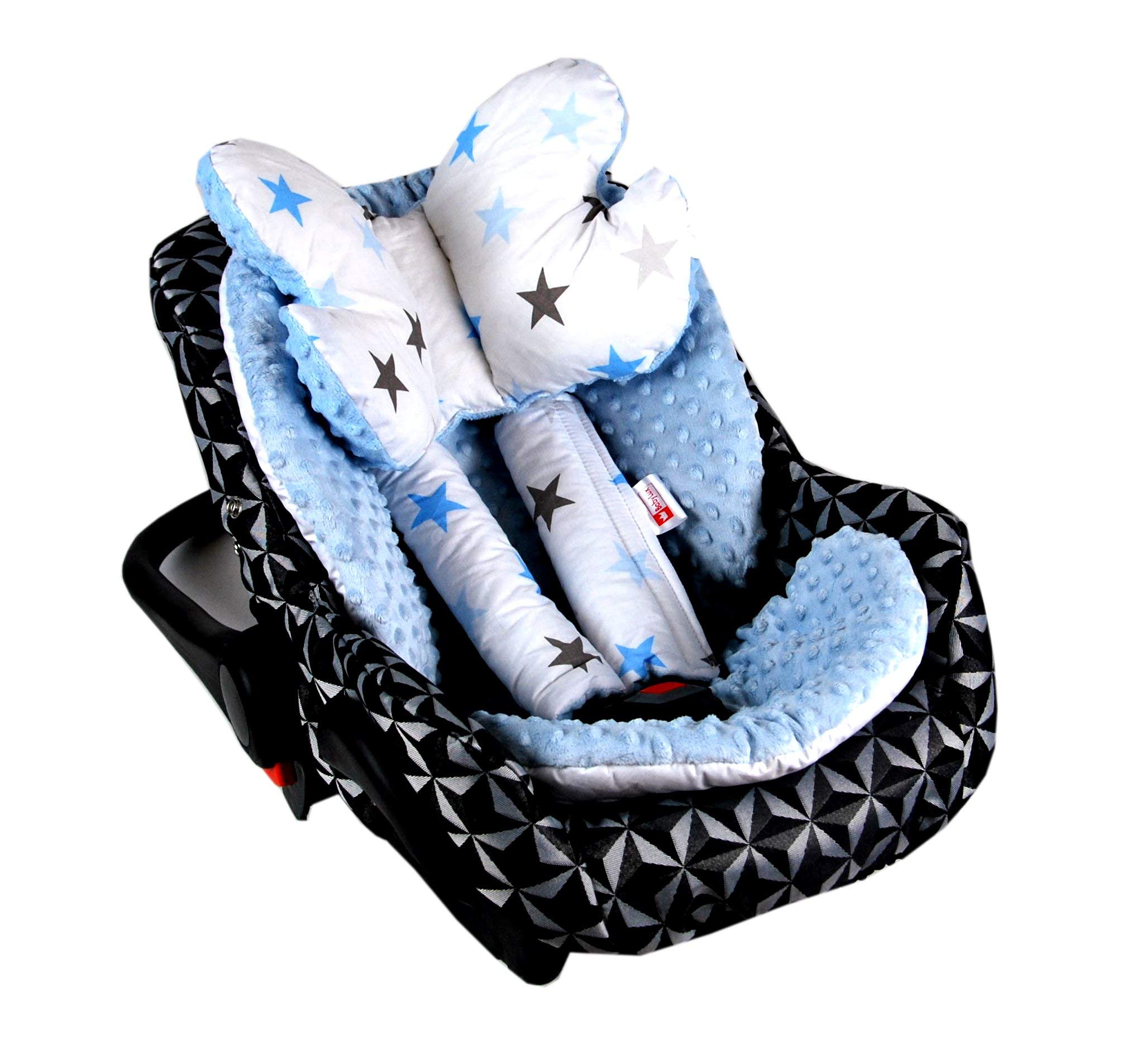 BABYLUX Kinderwagen SITZAUFLAGE Kissen Gurtschoner f. Buggy Autoschale Einlage (4. Blau + Sterne, 3 Tlg Sitzauflage + Kissen + Gurtpolster)