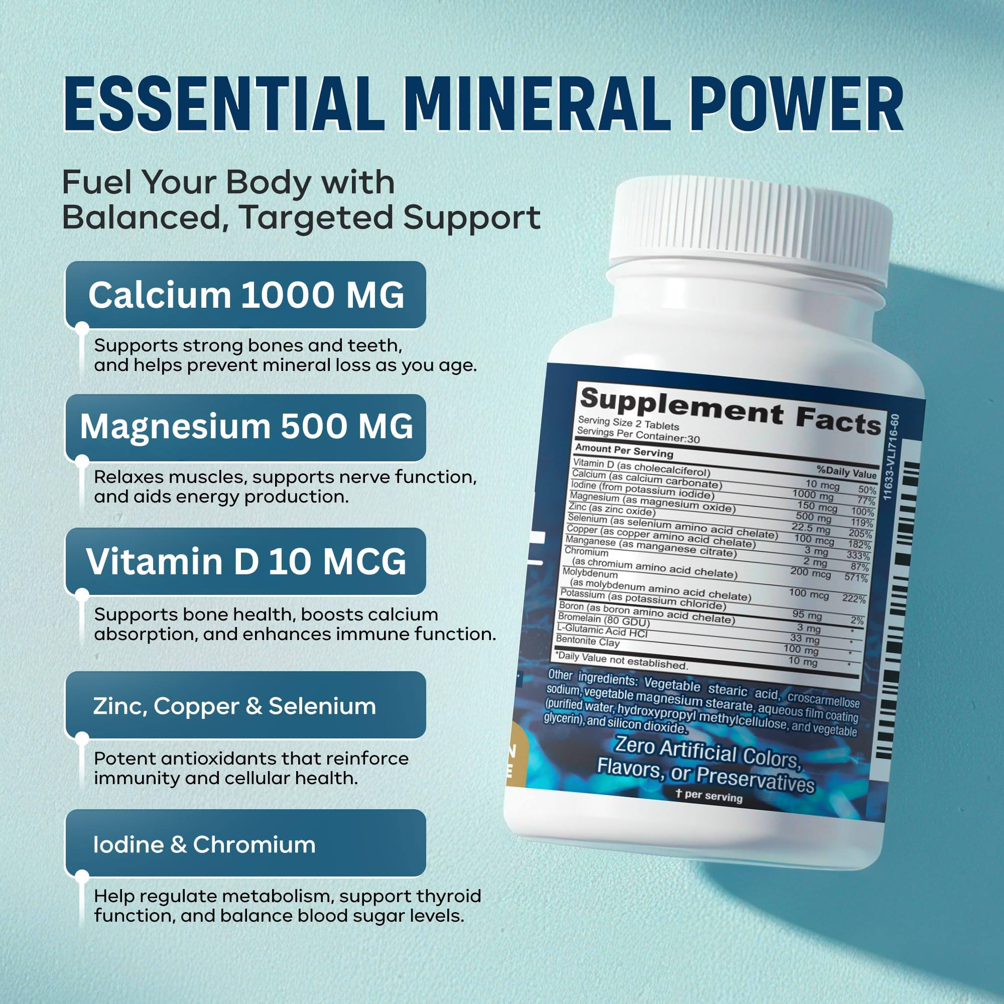 Mega Mineral – Complete Complex with Vitamin D, Calcium, Magnesium, Zinc, Potassium, Boron, Selenium, Chromium & Trace Minerals – Iron-Free – USA Made – 60 Tablets — Amazon image 2