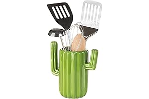 Southwestern Style Desert Decor Green Cactus Ceramic Utensil Holder with Rich Glaze Finish