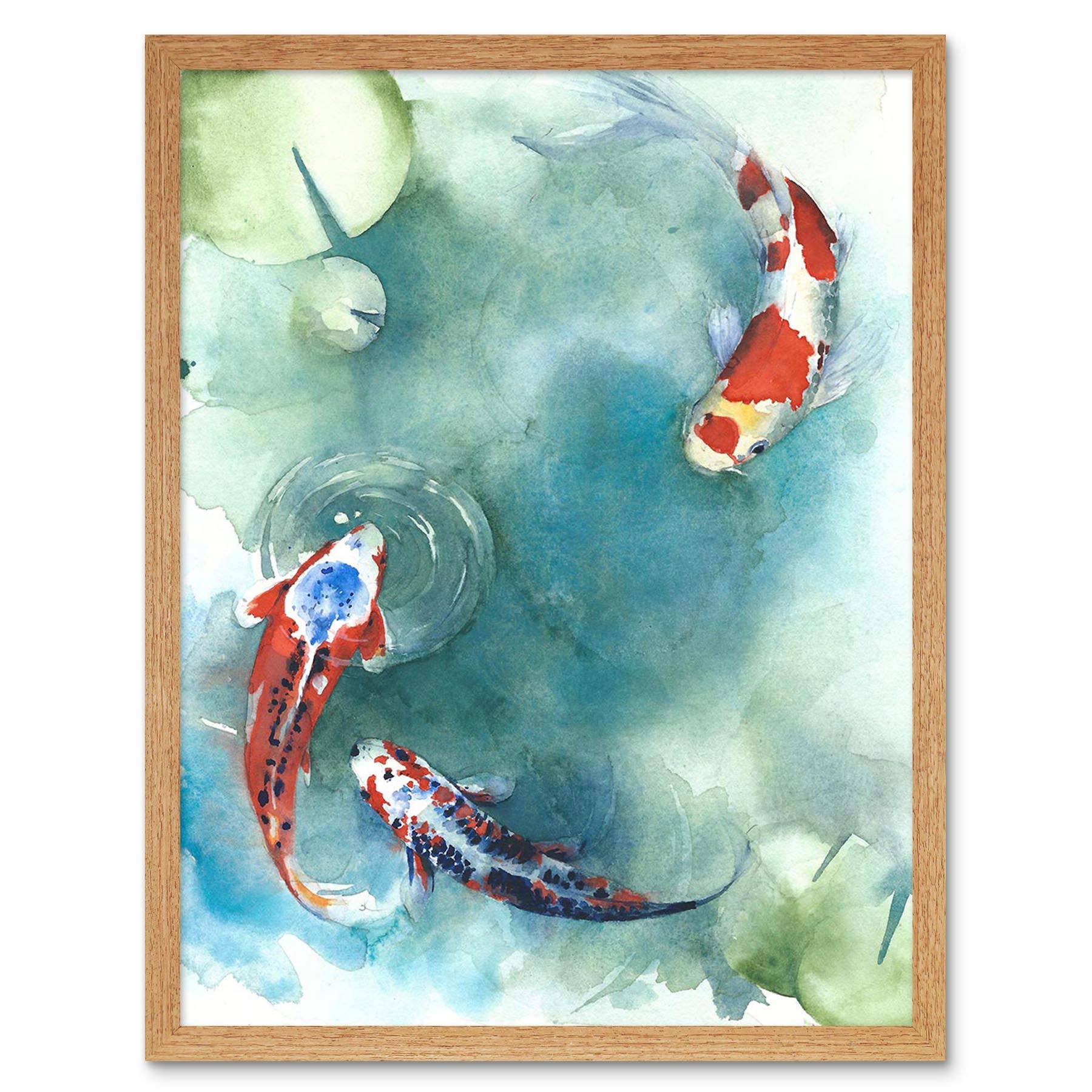 Wee Blue Coo Japanese Koi Fish With Lilies Art Print Framed Poster Wall Decor 12X16 Inch