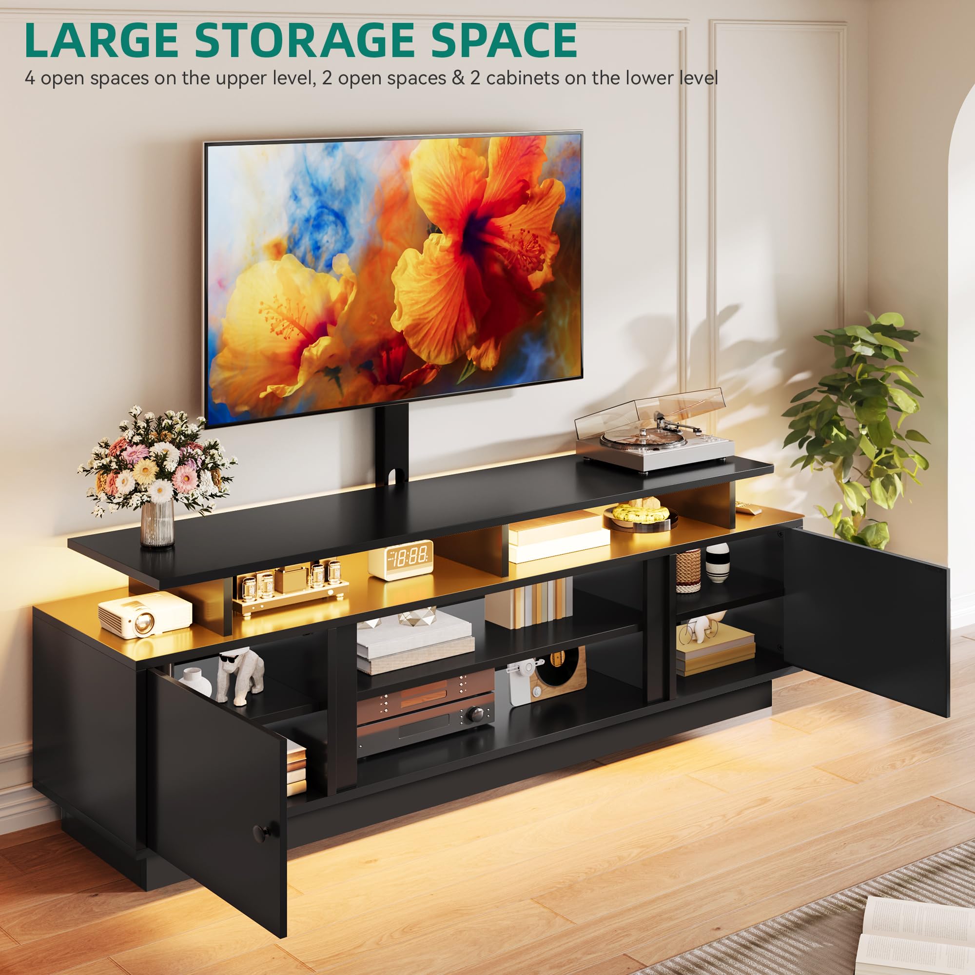 YITAHOME 70" TV Stand with Mount for TVs up to 75/80 Inches, Entertainment Center with Power Outlet & LED Lights, Modern TV Console for Living Room (Black)