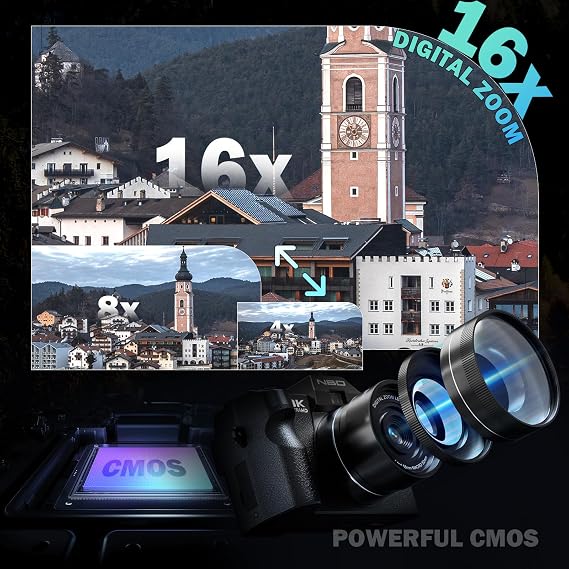8K Digital Cameras for Photography 64MP - 16X Zoom Autofocus, WiFi, 180 Flip Screen with Wide-Angle & Macro Lens, Vlogging Camera for YouTube Travel with 64GB TF Card, 2 Batteries & Mic (Black)